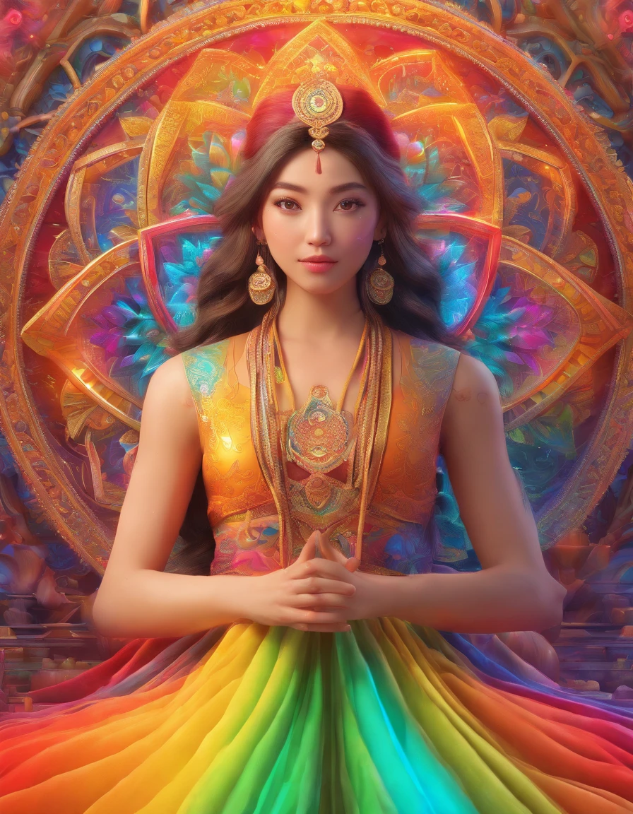 Rainbow-colored aura from the monk in the back, Mandala style, ArtGerm, uhd image, gongbi, visual harmony, Mystical mechanism, queencore
