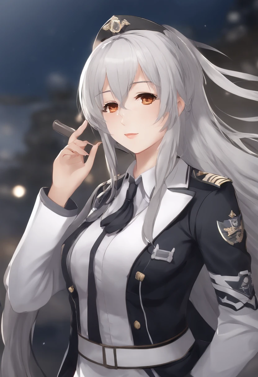 Anime - style image of a woman in uniform with long white hair, girls frontline style, from girls frontline, perfect gray hair girl, Kantai Collection Style, girls frontline cg, Fine details. girls' frontline, white hair, Girl with white hair, inspired by Ma Yuanyu, uniform background, painted in anime painter studio, girls' frontline