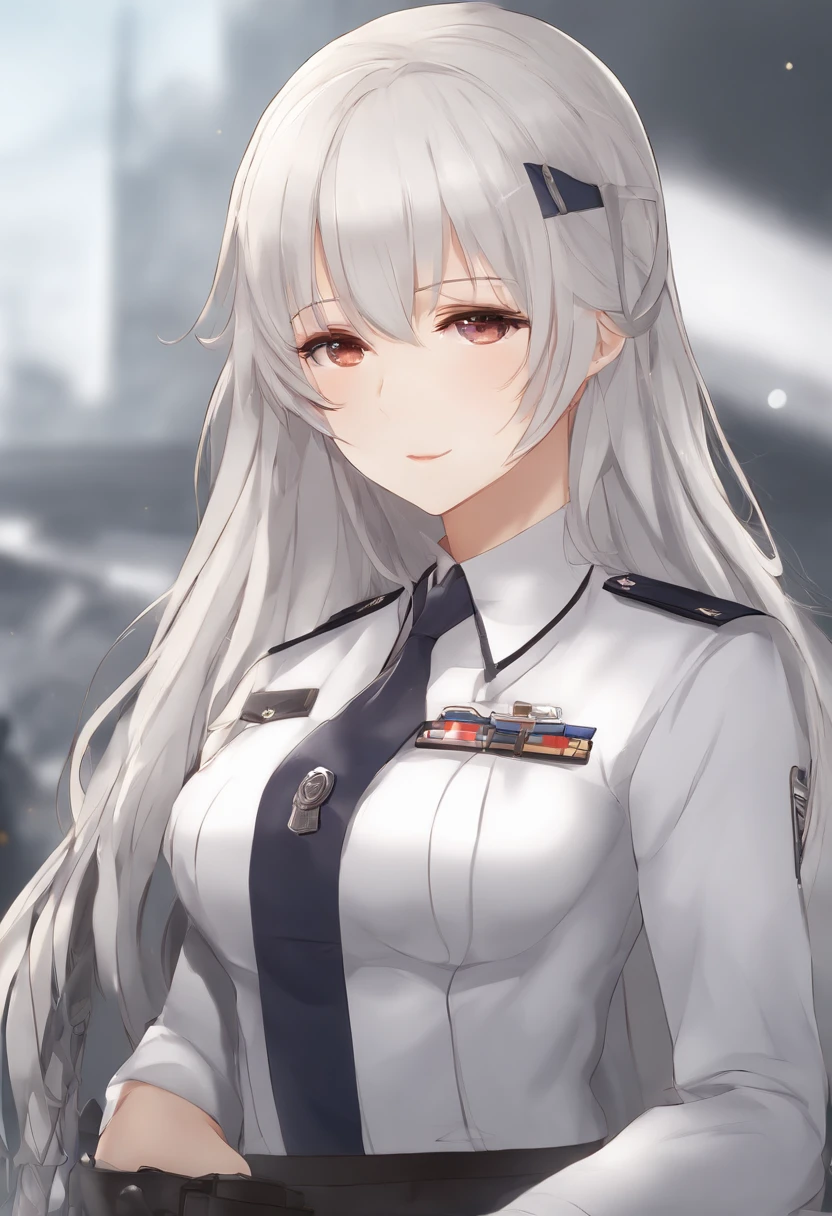 Anime - style image of a woman in uniform with long white hair, girls frontline style, from girls frontline, perfect gray hair girl, Kantai Collection Style, girls frontline cg, Fine details. girls' frontline, white hair, Girl with white hair, inspired by Ma Yuanyu, uniform background, painted in anime painter studio, girls' frontline