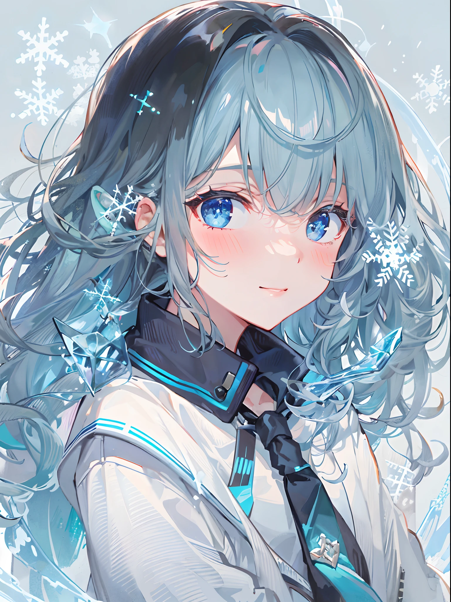 ((top-quality)), ((masterpiece)), ((ultra-detailliert)), (Extremely delicate and beautiful), girl with, 独奏, cold attitude,((Black jacket)),She is very(relax)with the(Settled down)Looks,A dark-haired, depth of fields,Evil smile,Bubble, under the water, Air bubble,bright light blue eyes,inner color with bright gray hair and light blue tips,,,,,,,,Cold background,Bob Hair - Linear Art, shortpants、knee high socks、White uniform like school uniform、Light blue ribbon ties、Clothes are sheer、Hands in pockets、Bright eyes like sapphire,Fronllesse Blue, A small blue light was floating、Upper Eyes、glass shards、Snowflake Hair Ornament