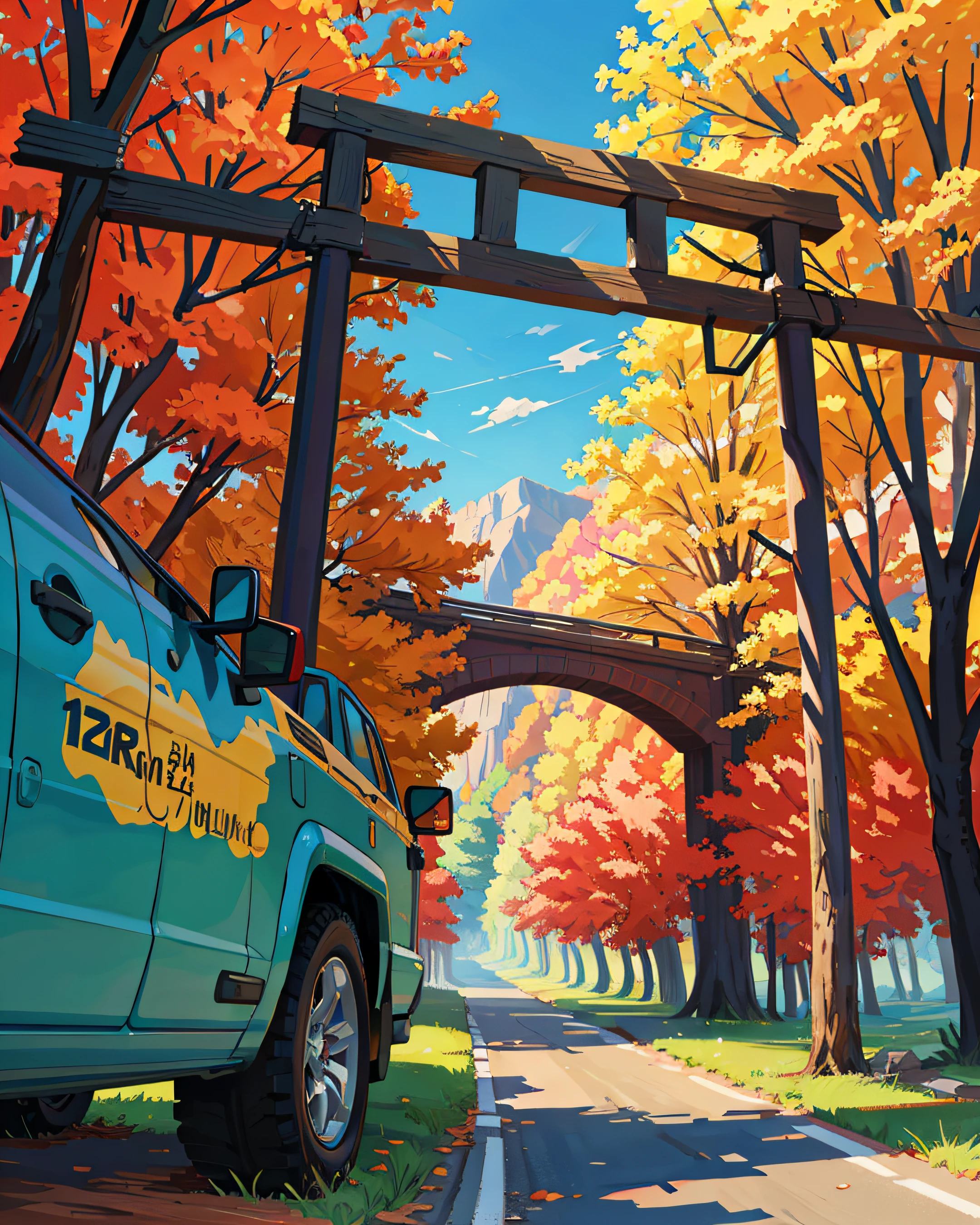 Masterpiece, a jeep car, in the road, view seemed far away, red tress, spring, adventure, nature, primitive, profesional art, art concept, landscape, (wallpaper unified 8k), best view, HD quality, detailed, perfect view, esthetic, nft.