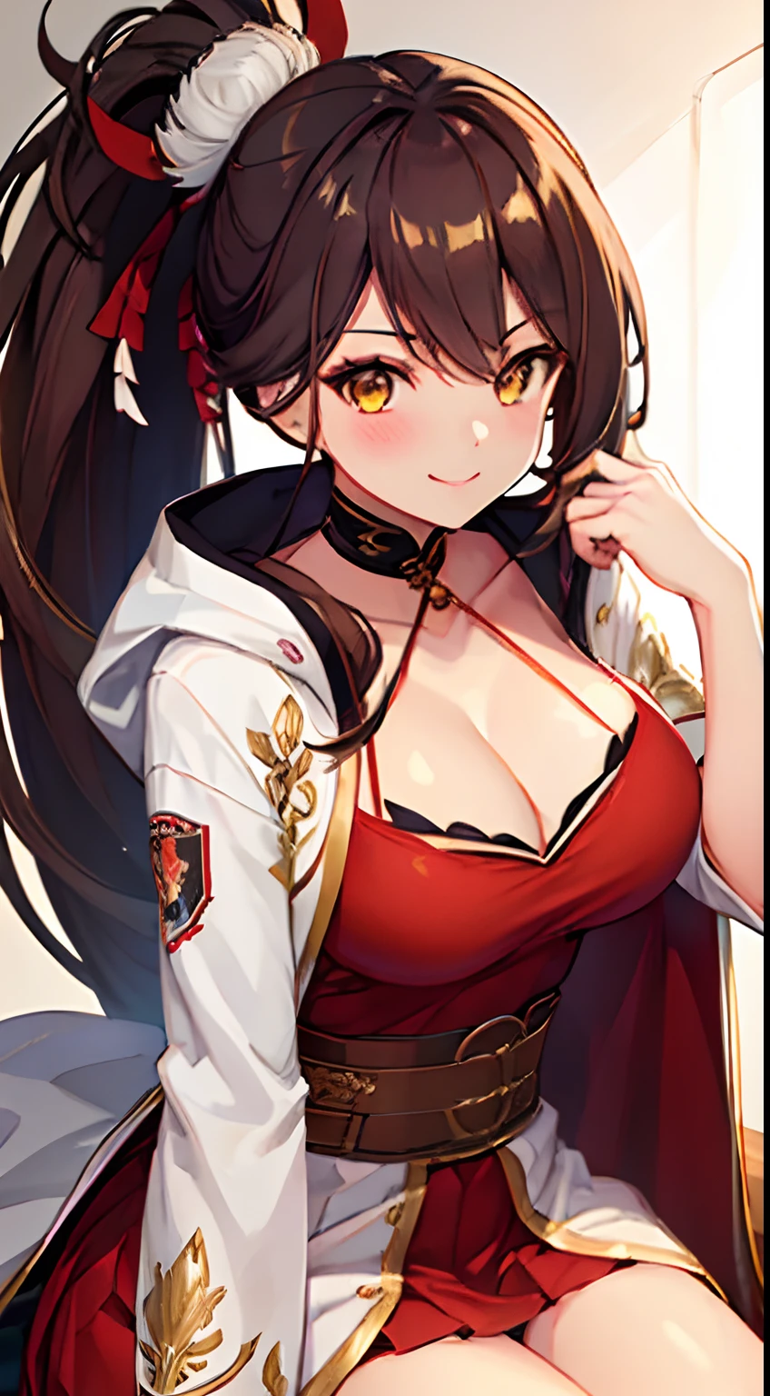 (((best quality, 1girl))), long hair, brown hair, breasts, large breasts, bangs, yellow eyes, blush, cleavage, very long hair, hair ornament, smile, collarbone, brown eyes, ponytail, red dress, white jacket