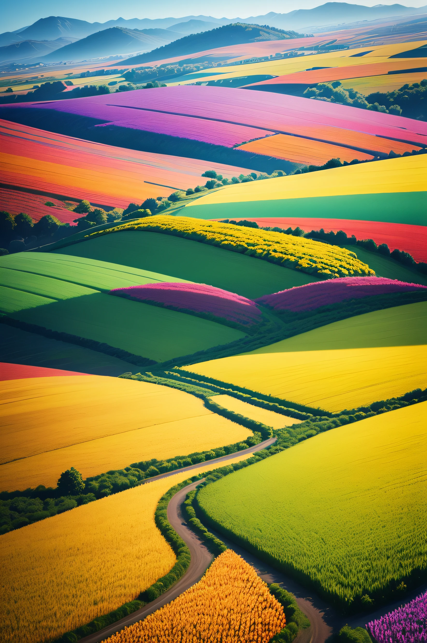 A landscape of a field of vibrant colors, which move and change as you look at them, ultra realistic, 4k image, high resolution.
