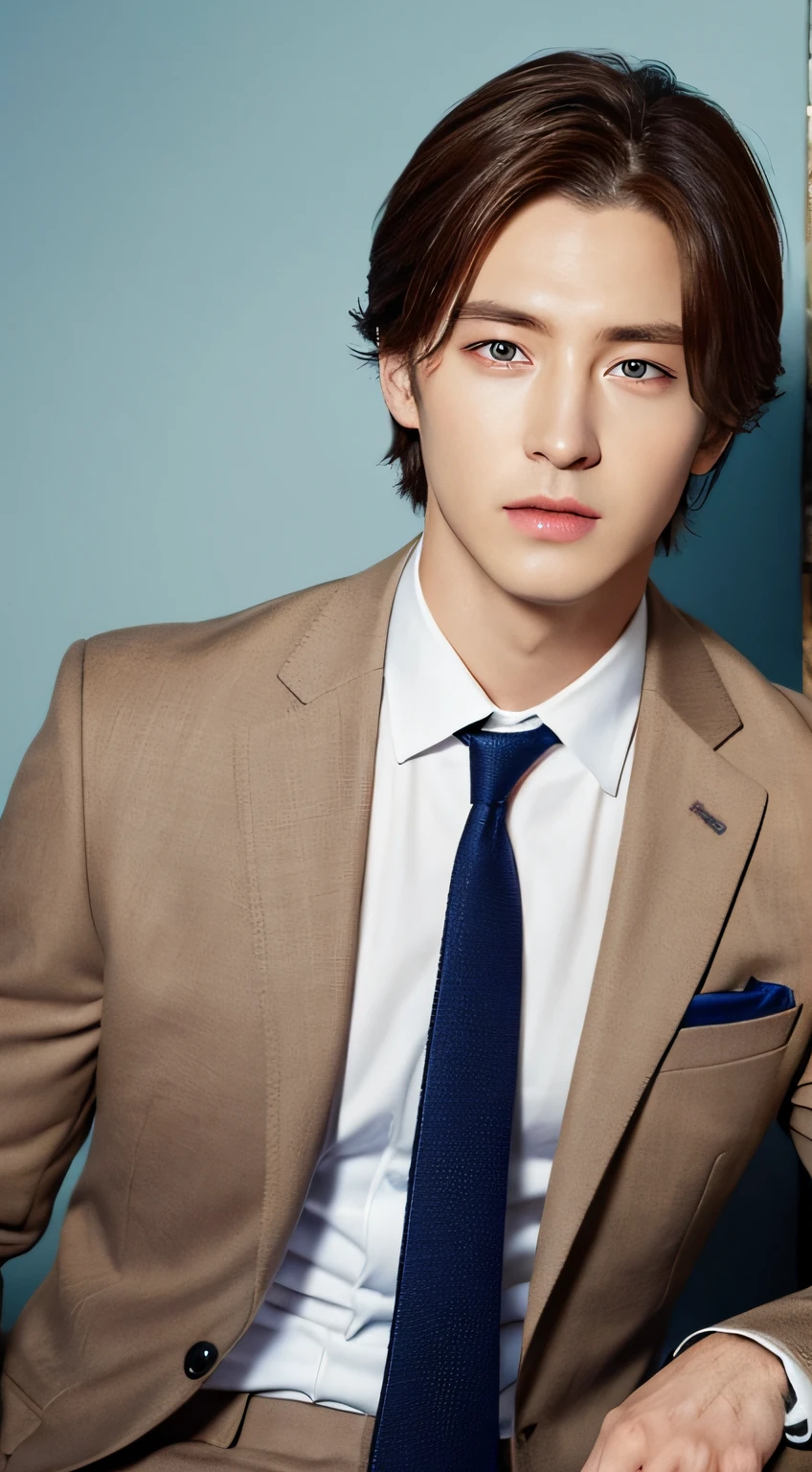 man in suit, brown hair, blue eyes