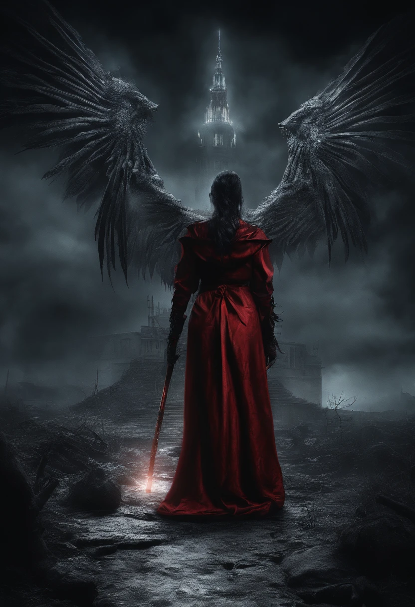 Beautiful Succubus, Black hair, Red eyes, Runic Tattoos, bones, (((Short bright Red robe, Wings))), holding staff, (((lightening coming from staff))), (((supernatural lighting))), Eerie, nightmarish, (((Mystical fog))), Rainy night, (((wizard tower in background))). Photo realistic, 8k post-ptoduction, cinematic shot, Ultra Detailed, High detail, sharp focus, intricate details