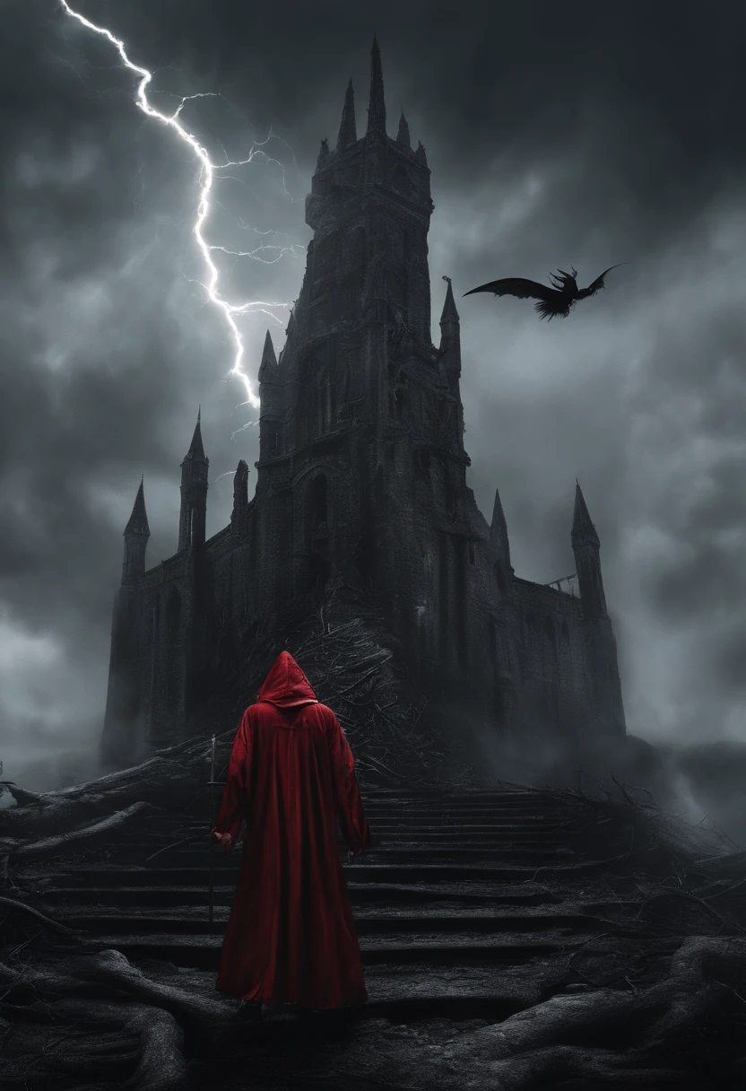 Beautiful Succubus, Black hair, Red eyes, Runic Tattoos, bones, (((Short bright Red robe, Wings))), holding staff, (((lightening coming from staff))), (((supernatural lighting))), Eerie, nightmarish, (((Mystical fog))), Rainy night, (((wizard tower in background))). Photo realistic, 8k post-ptoduction, cinematic shot, Ultra Detailed, High detail, sharp focus, intricate details