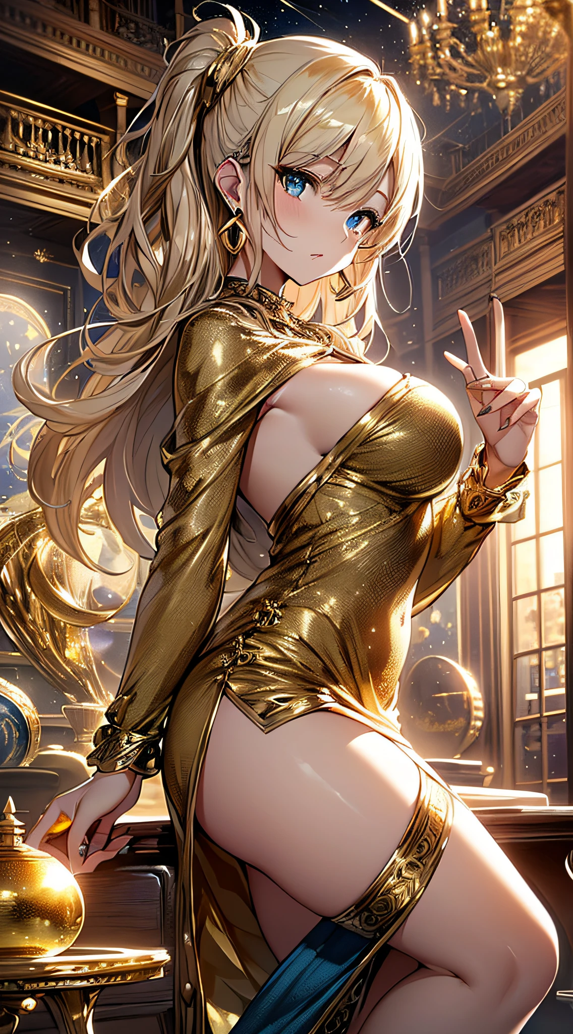 top-quality、Top image quality、​masterpiece、girl with((18year old、Gold underwear,Best Bust、Medium bust、Bust 85,Beautiful blue eyes、Breasts wide open,Sexy Gold Dress、Gold Miniskirt、Gold Earrings、Gold necklace、Gold Ring、Shining golden ponytail、Skirt flutters、Set up a magic circle)）hiquality、Beautiful Art、Background with(Shining meteors,kosmos、Gold Room、Gold Table、Gold Chair、Monitors、Gold Room、Gold Bookshelf、Golden Falls、)),masutepiece、Elaborate design、visualart、depth of fields、The best lighting、highestdetailed、Front Angle