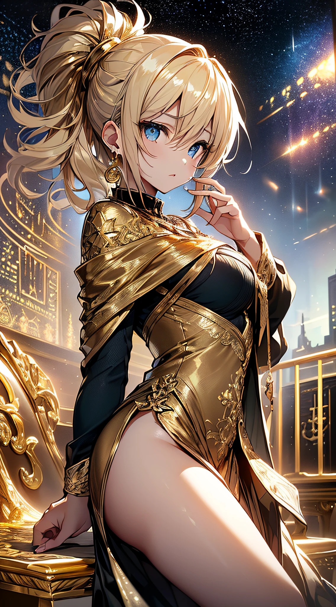 top-quality、Top image quality、masterpiece、girl with((18year old、Gold underwear,Best Bust、Medium bust、Bust 85,Beautiful blue eyes、Breasts wide open,Sexy Gold Dress、Gold Miniskirt、Gold Earrings、Gold necklace、Gold Ring、Shining golden ponytail、Skirt flutters、Set up a magic circle))hiquality、Beautiful Art、Background with(Shining meteors,kosmos、Gold Room、Gold Table、Gold Chair、Monitors、Gold Room、Gold Bookshelf、Golden Falls、)),masutepiece、Elaborate design、visualart、depth of fields、The best lighting、highestdetailed、Front Angle