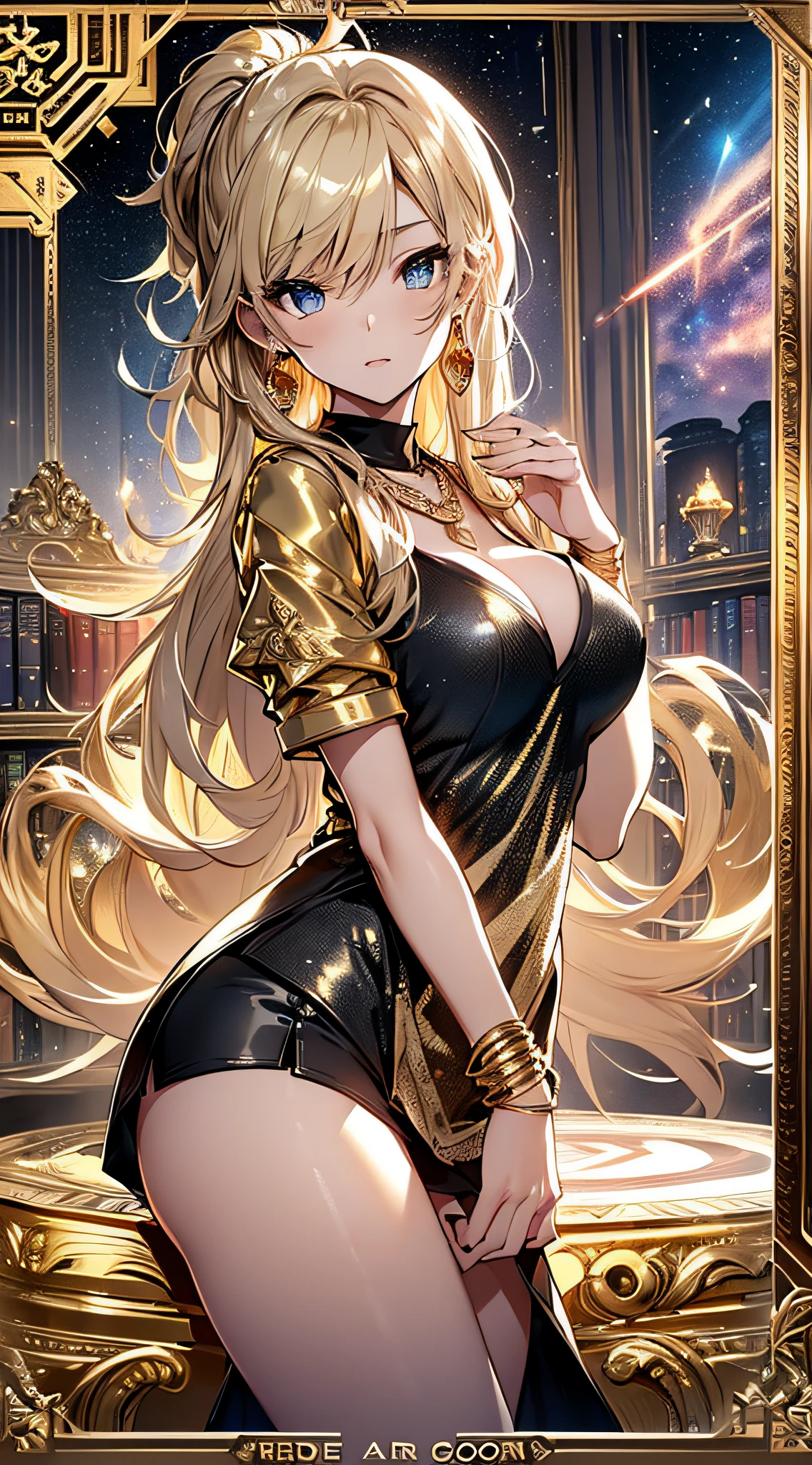 top-quality、Top image quality、masterpiece、girl with((18year old、Gold underwear,Best Bust、Medium bust、Bust 85,Beautiful blue eyes、Breasts wide open,Sexy Gold Dress、Gold Miniskirt、Gold Earrings、Gold necklace、Gold Ring、Shining golden ponytail、Skirt flutters、Set up a magic circle))hiquality、Beautiful Art、Background with(Shining meteors,kosmos、Gold Room、Gold Table、Gold Chair、Monitors、Gold Room、Gold Bookshelf、Golden Falls、)),masutepiece、Elaborate design、visualart、depth of fields、The best lighting、highestdetailed、Front Angle