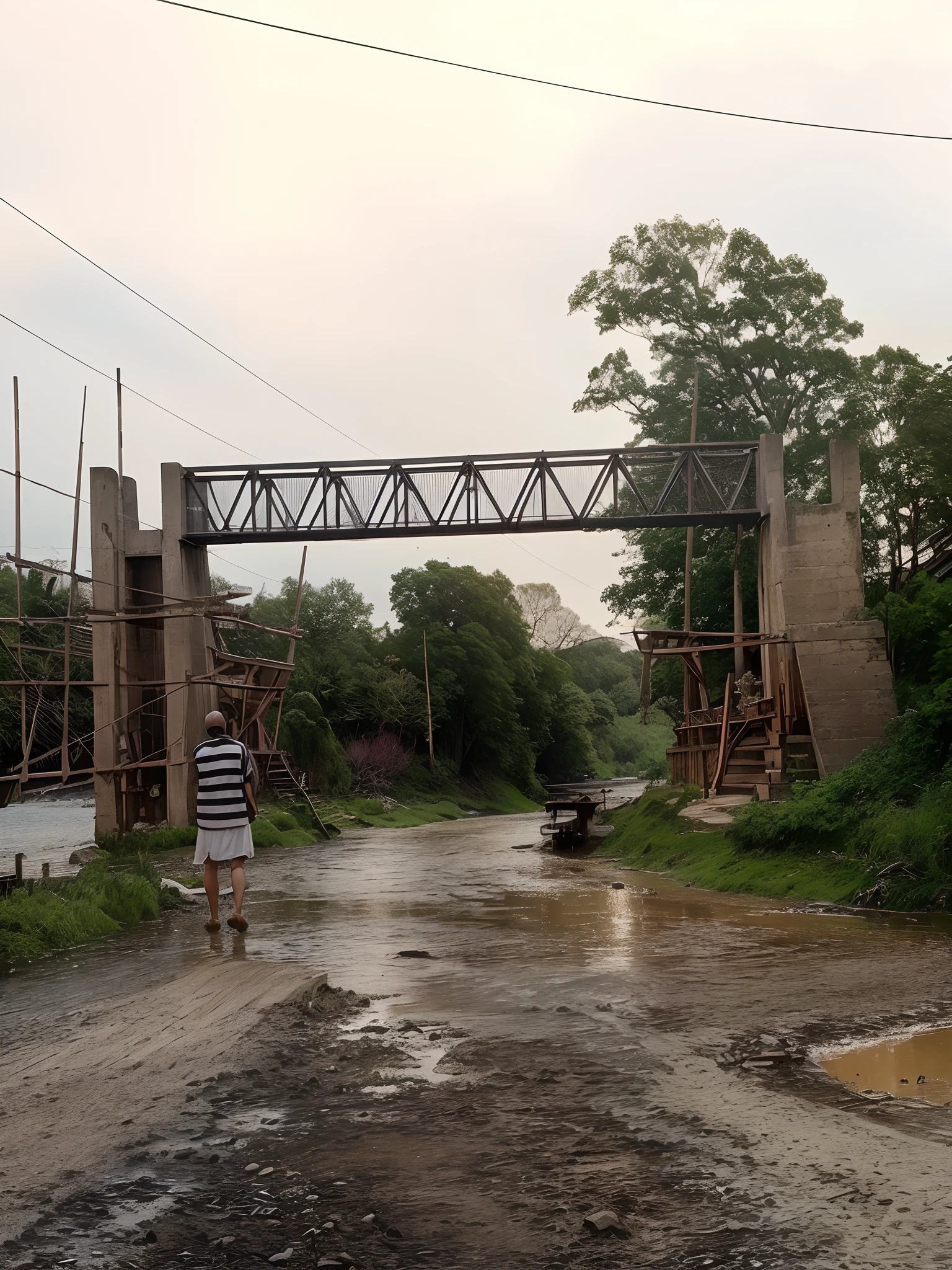 Transform this image into a serene riverside scene with a picturesque bridge overhead, capturing the essence of natural beauty and tranquility.
