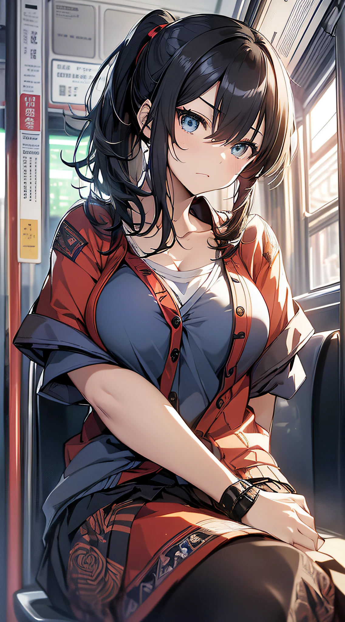 top-quality、Top image quality、masterpiece、girl with((18year old、Best Bust、Medium bust、Bust 85,Beautiful blue eyes、Breasts wide open,Black Short Sleeve T-Shirt、Red cardigan with short sleeves、Black short skirt、Ponytail with black hair、sitting in the seat、Read model magazines、serious facial expression)hiquality、Beautiful Art、Background with((On the train)),masutepiece、Elaborate design、visualart、depth of fields、The best lighting、highestdetailed、