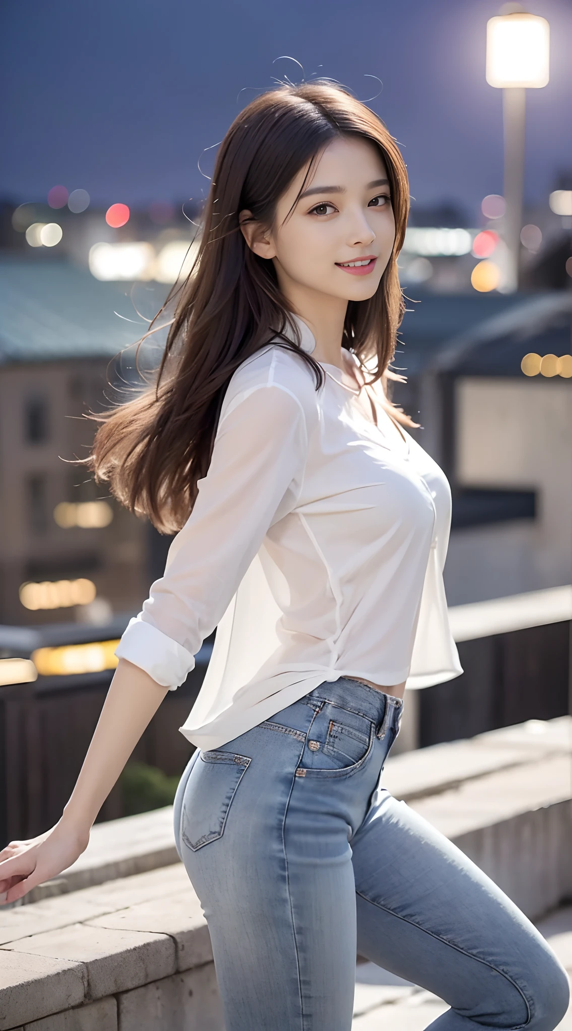 ((midynight, Need, 8K, tmasterpiece:1.3)), full bodyesbian, Thin legs, Focalors:1.2, （Skinny and small，Height one meter five）big breasts beautiful（junior school student）girlfriend:1.4, Slim abs:1.1, ((hair straight，Dark brown hair, Medium-sized breasts:1.2 )), (Stylish white loose shirt，The hem flutters， Stylish little flared jeans, standing on your feet:1.2), ((city night scene, the roof:1.3)), Highly detailed facial and skin texture, A detailed eye, Single Eyelids，Smile showing teeth，Super nice looking，Fair and well-proportioned legs，Extended flared jeans，Wear sandals，Reveals tender white toes，Shoot from all angles，Show off your slender waist and beautiful hips，Pose sexy seduction，fully body photo