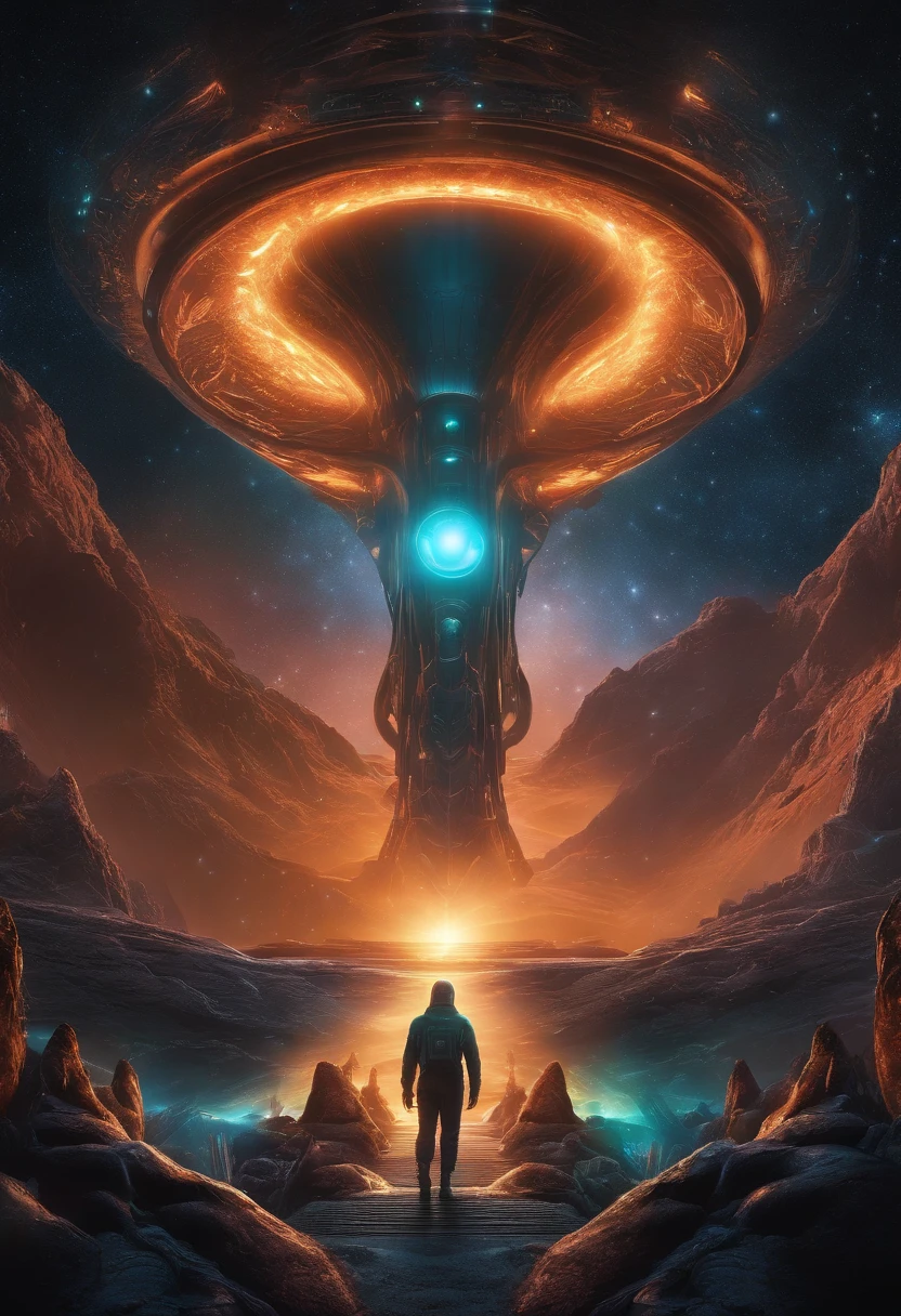 Cosmic alien life, glowing light eyes, Biomechanical, eerie, Creepy, nightmarish, Very bright colors, Light particles, with light glowing, Mshiff, UHD, Comics cover, Cover art