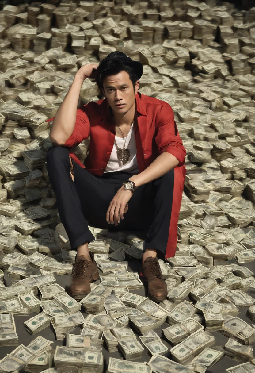1 a close up of a person sitting on a pile of money, luffy from one piece, luffy, badass realistic high resolution 8 k, luffy (one piece, monkey d luffy, realistic wallaper, inspired by Eiichiro Oda, one piece artstyle, monkey d. luffy, 4 k manga wallpaper, from one piece, one piece style, realistic style 4 k, cool rich realistic high resolution colorful background, wearing balenciga shirt and Dior pants, with diamond Rolex and customized diamond necklace, wearing Dior shoes high resolution image