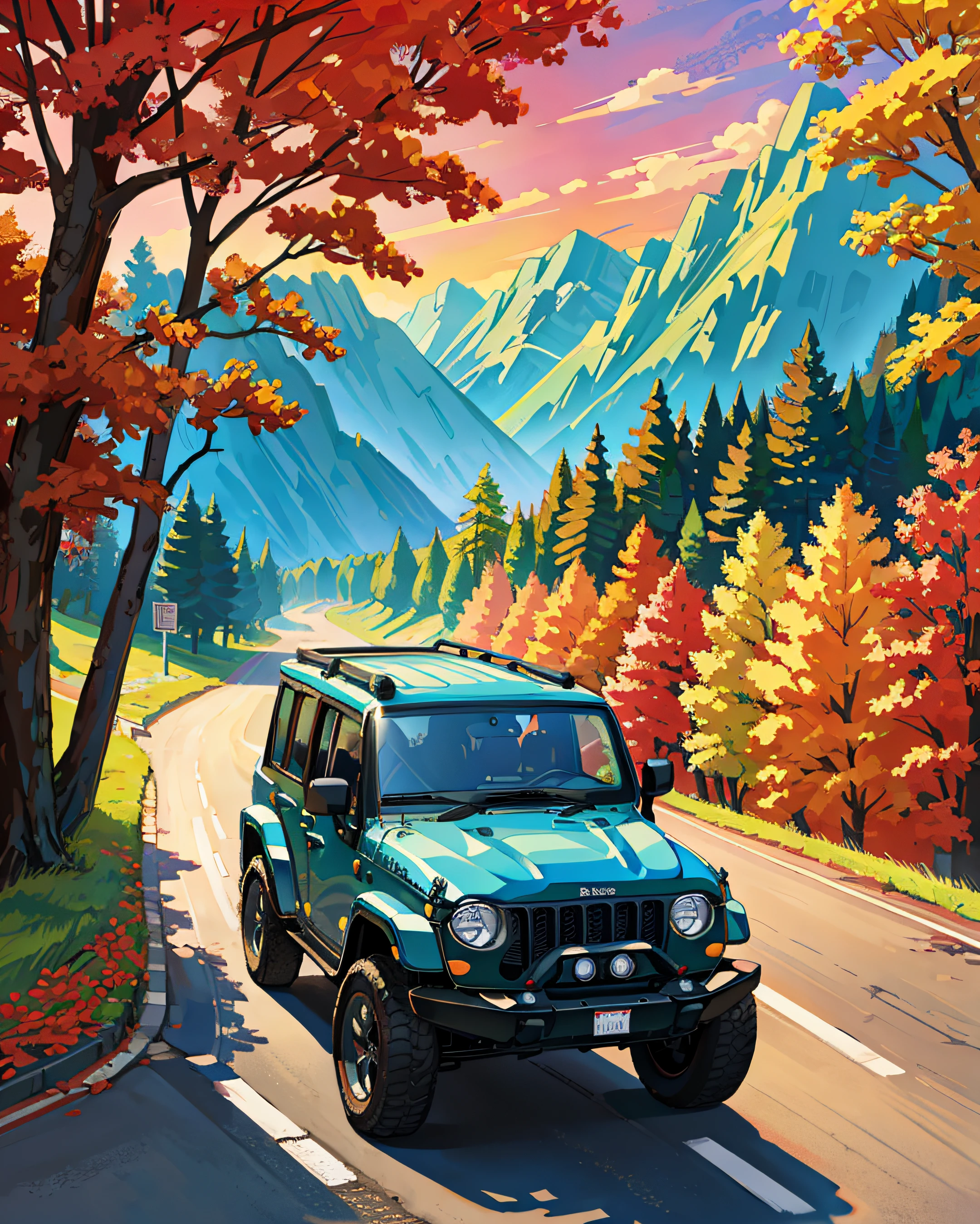 Masterpiece, a jeep car, in the road, view seemed far away, red tress, spring, adventure, nature,  primitive, profesional art, art concept, landscape, (wallpaper unified 8k), best view, HD quality, detailed, perfect view, esthetic, nft.