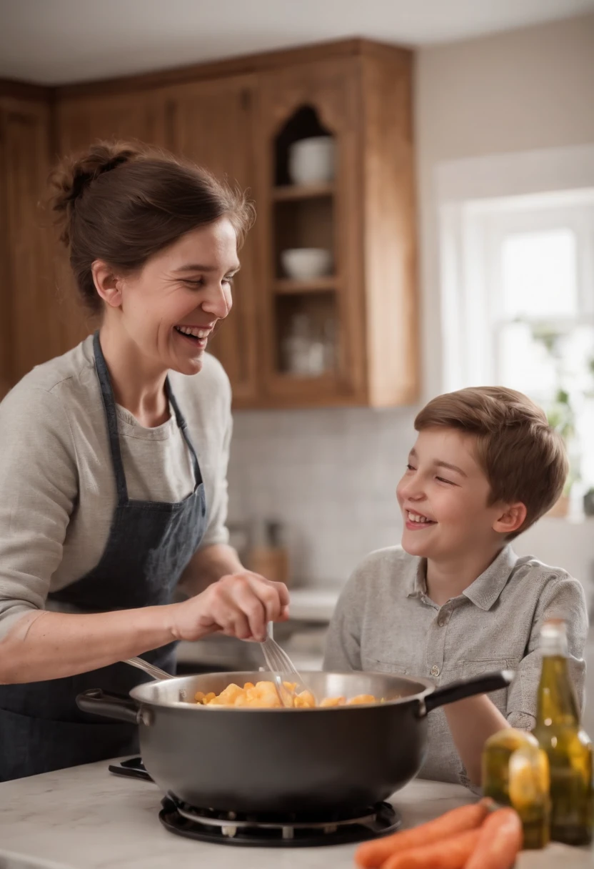 Boy Cooking With His Mom And Laughing