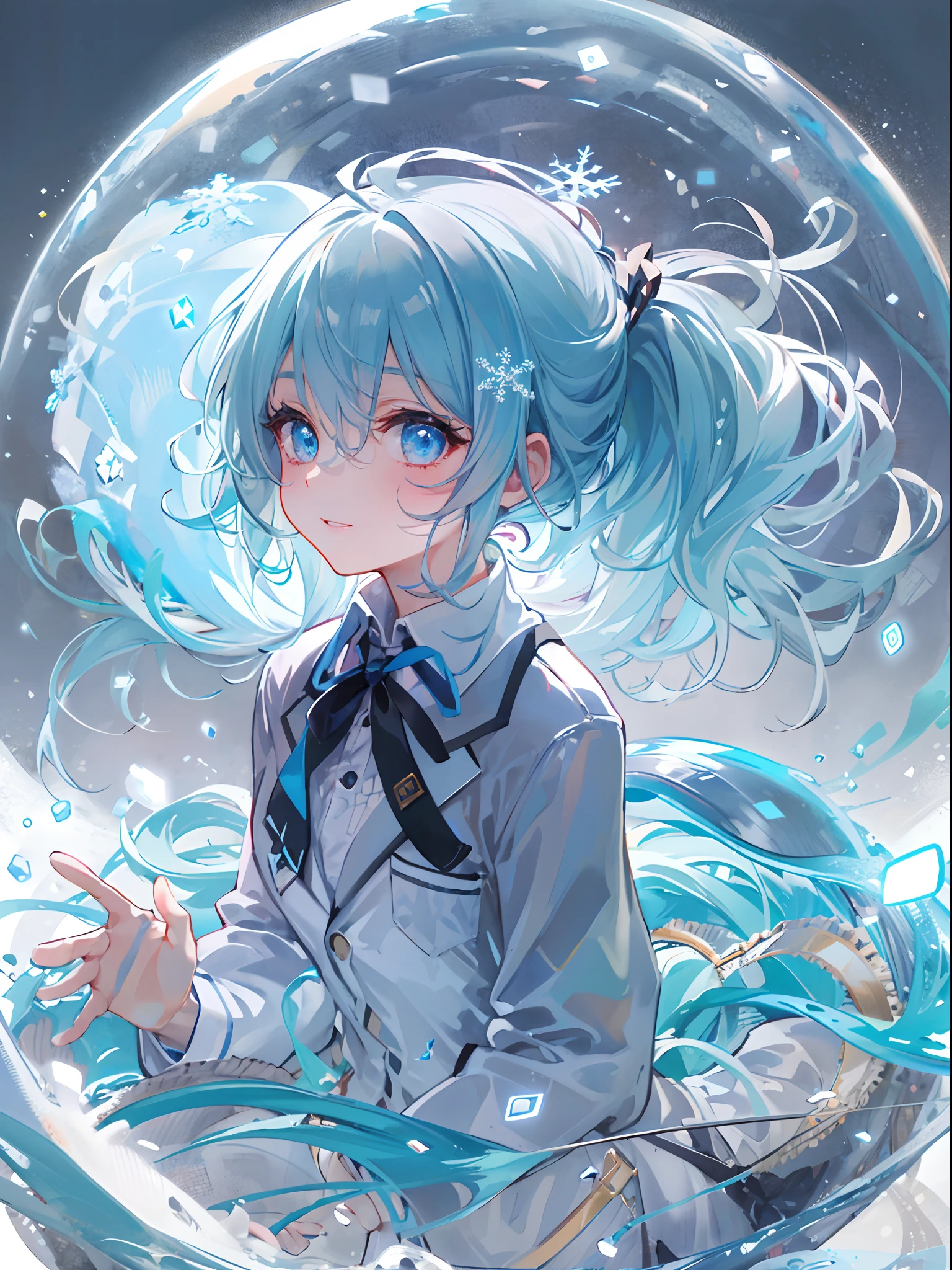 ((top-quality)), ((masterpiece)), ((ultra-detailliert)), (Extremely delicate and beautiful), girl with, 独奏, cold attitude,((Black jacket)),She is very(relax)with the(Settled down)Looks,A dark-haired, depth of fields,Evil smile,Bubble, under the water, Air bubble,bright light blue eyes,inner color with bright gray hair and light blue tips,,,,,,,Cold background,Bob Hair - Linear Art, shortpants、knee high socks、White uniform like school uniform、Light blue ribbon ties、Clothes are sheer、Hands in pockets、Bright eyes like sapphire,Fronllesse Blue, A small blue light was floating、Upper Eyes、glass shards、Snowflake eyes、fantastic eyes