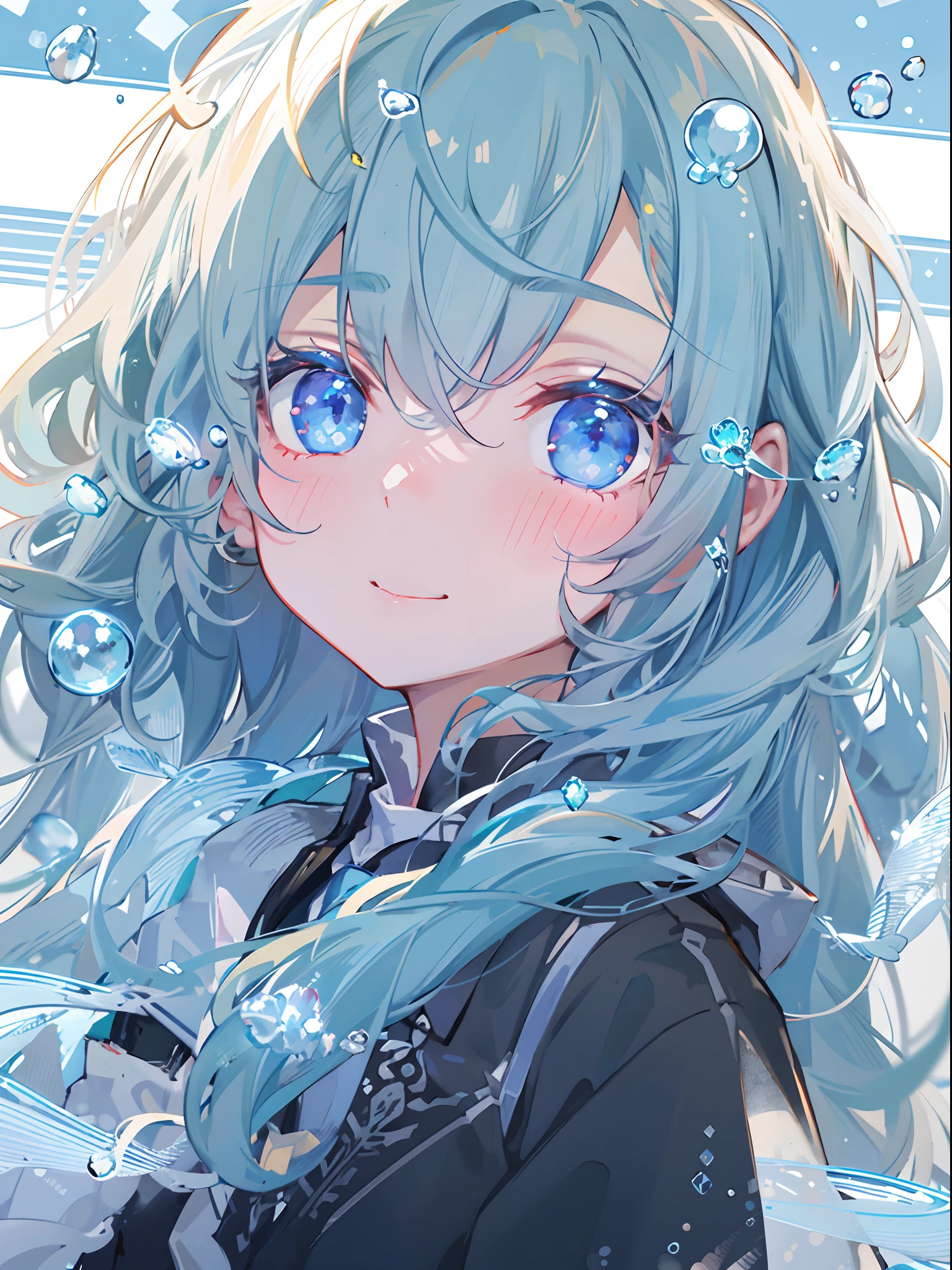 ((top-quality)), ((masterpiece)), ((ultra-detailliert)), (Extremely delicate and beautiful), girl with, 独奏, cold attitude,((Black jacket)),She is very(relax)with the(Settled down)Looks,A dark-haired, depth of fields,Evil smile,Bubble, under the water, Air bubble,bright light blue eyes,inner color with bright gray hair and light blue tips,,,,,,,,Cold background,Bob Hair - Linear Art, shortpants、knee high socks、White uniform like school uniform、Light blue ribbon ties、Clothes are sheer、Hands in pockets、Bright eyes like sapphire,Fronllesse Blue, A small blue light was floating、Upper Eyes、glass shards、Snowflake Hair Ornament
