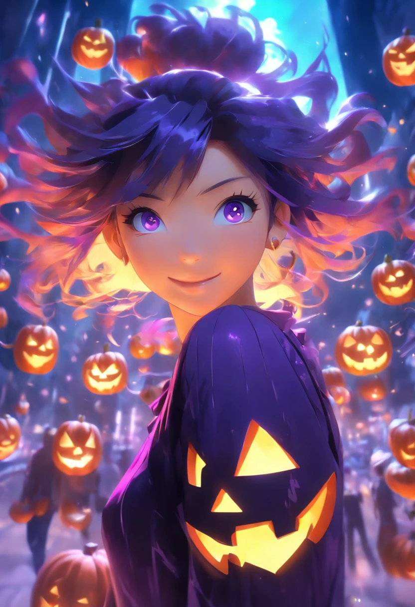 (Anime girl with long hair and purple eyes in black top, anime moe art style, Anime visuals of cute girls, kawaii realistic portrait, Smooth Anime CG Art, hanayamata, Hinata Hyuga, Anime Best Girl, yuyushiki, an anime girl, [[[[grinning evily]]]]walks towards the giant jack-o'-lantern:1.5),(Halloween Elements:1.1),Miniature World,(clean back ground),masutepiece,Best Quality,更多的细节,(Super Creative),C4D,Abstract images,surrealism,Pixar style,3d effect,Disney style,Clear Outline Light,Rim Light,Fantasy,Spotlight,8K,