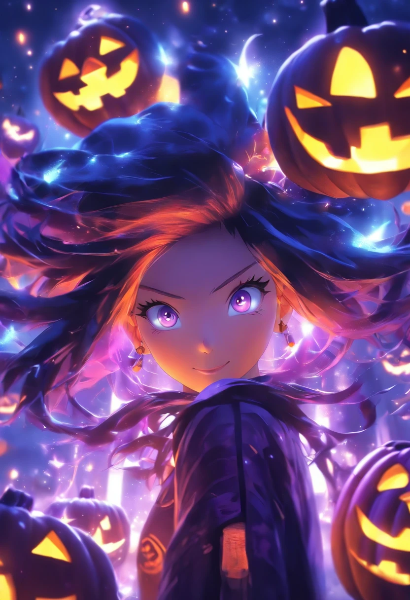 (Anime girl with long hair and purple eyes in black top, anime moe art style, Anime visuals of cute girls, kawaii realistic portrait, Smooth Anime CG Art, hanayamata, Hinata Hyuga, Anime Best Girl, yuyushiki, an anime girl, [[[[grinning evily]]]]walks towards the giant jack-o'-lantern:1.5),(Halloween Elements:1.1),Miniature World,(clean back ground),masutepiece,Best Quality,更多的细节,(Super Creative),C4D,Abstract images,surrealism,Pixar style,3d effect,Disney style,Clear Outline Light,Rim Light,Fantasy,Spotlight,8K,