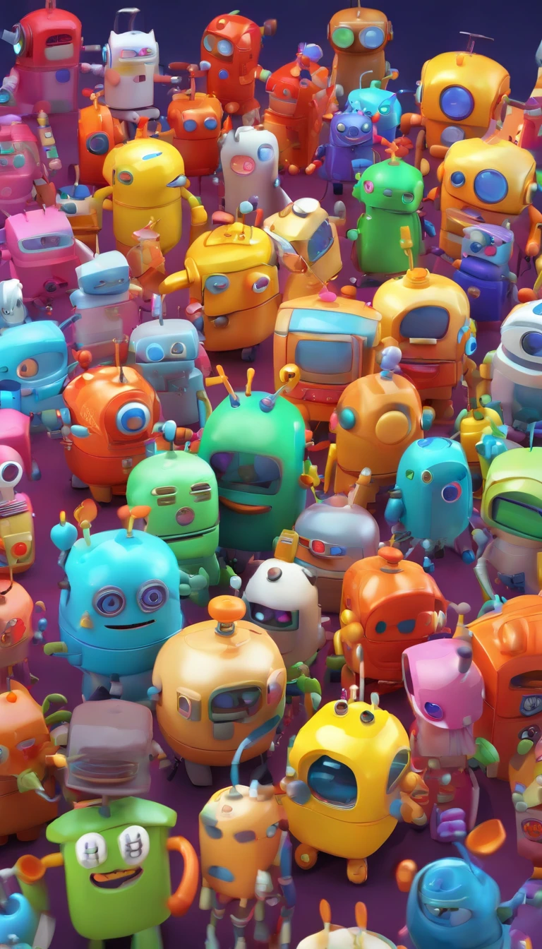 Full crowd of cute robots of all the colours 、Charming ,The background is a street in city