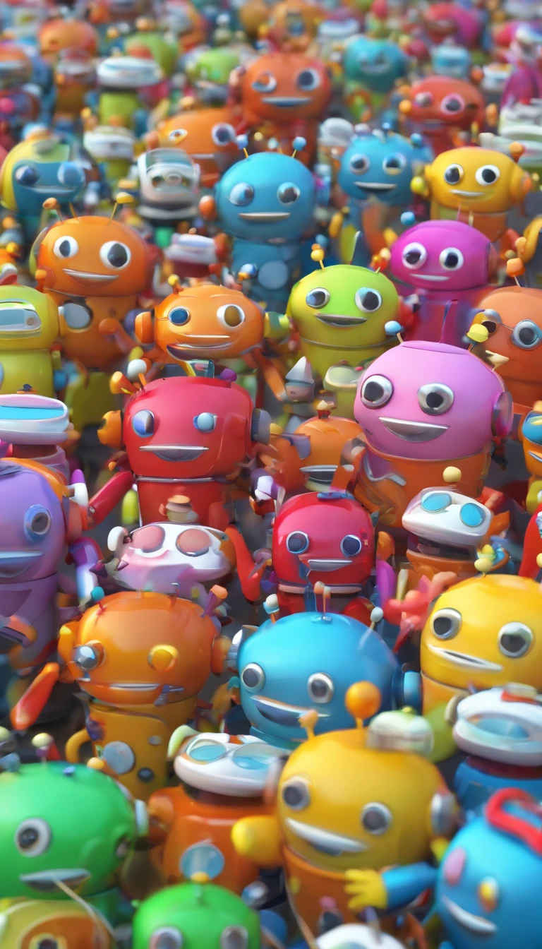 Full crowd of cute robots of all the colours 、Charming ,The background is a street in city
