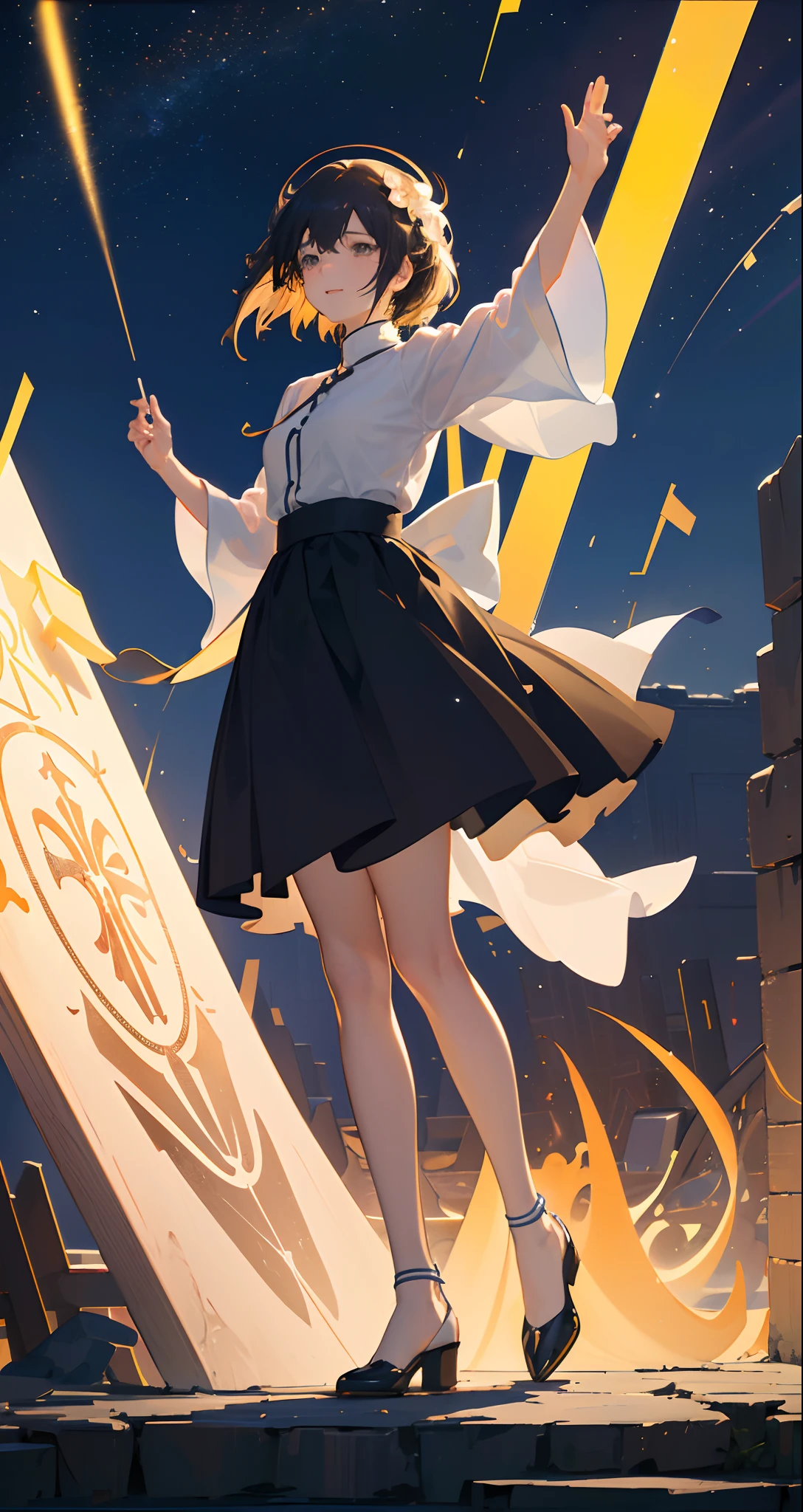 masterpiece、top-quality、Movie stills、One girl、Floating in the night sky、(a closeup:1.1)、with light glowing、Happiness、A delightful、Soft lighting、(Bauhaus、form、Line、abstracted:1.1)、Skysky、stele、natta