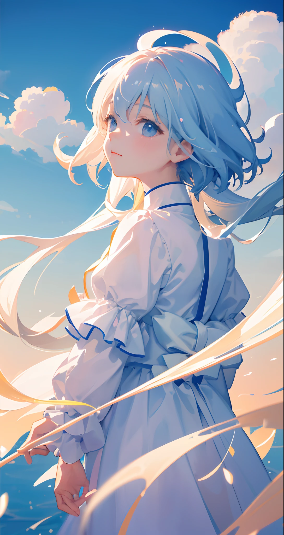 masterpiece、top-quality、Movie stills、One girl、floating in sky、Cloud Girl、(a closeup:1.1)、with light glowing、Happiness、A delightful、Soft lighting、(Bauhaus、form、Line、abstracted:1.1)、nigh sky、morning