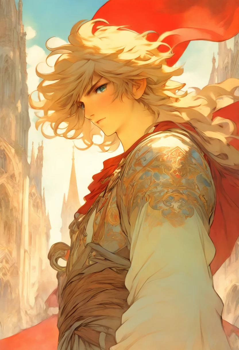 Mucha, Front, Portrait, Blonde boy with medium long hair, Outdoors, Backlight, Soft light, medieval, France, holding a red banner, Looking up, Red, Blue, White, trousers