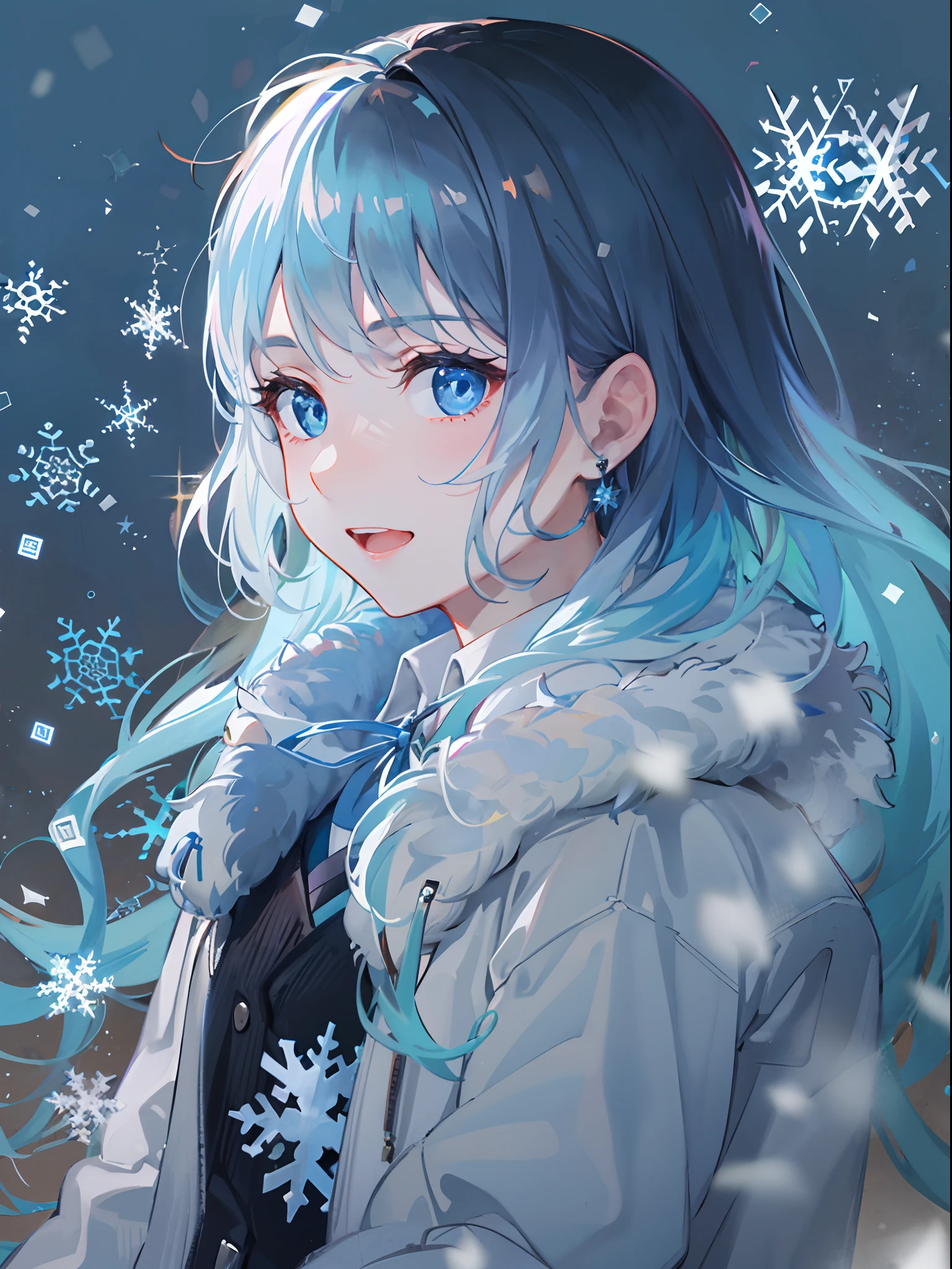 ((top-quality)), ((masterpiece)), ((ultra-detailliert)), (Extremely delicate and beautiful), girl with, 独奏, cold attitude,((Black jacket)),She is very(relax)with the(Settled down)Looks,A dark-haired, depth of fields,Evil smile,Bubble, under the water, Air bubble,bright light blue eyes,inner color with bright gray hair and light blue tips,,,,,,,Cold background,Bob Hair - Linear Art, shortpants、knee high socks、White uniform like school uniform、Light blue ribbon ties、Clothes are sheer、Hands in pockets、Bright eyes like sapphire,Fronllesse Blue, A small blue light was floating、Upper Eyes、glass shards、Snowflake eyes、fantastic eyes, Snowflake Necklace