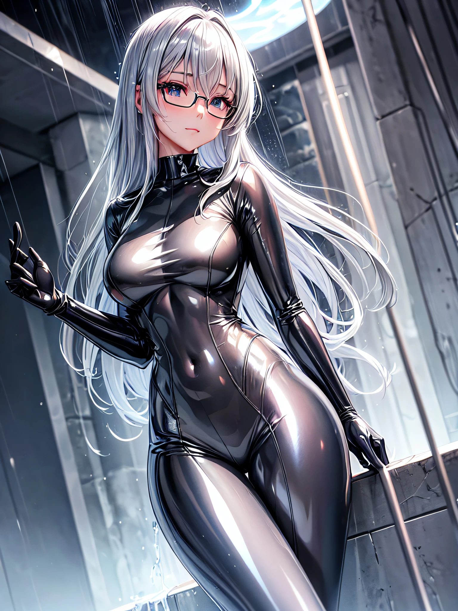 5 8K UHD、Silver shiny silver full body rider suit with glasses silver hair and nosed beauty soaking wet in the rain、Shiny silver latex slider suit with hidden skin