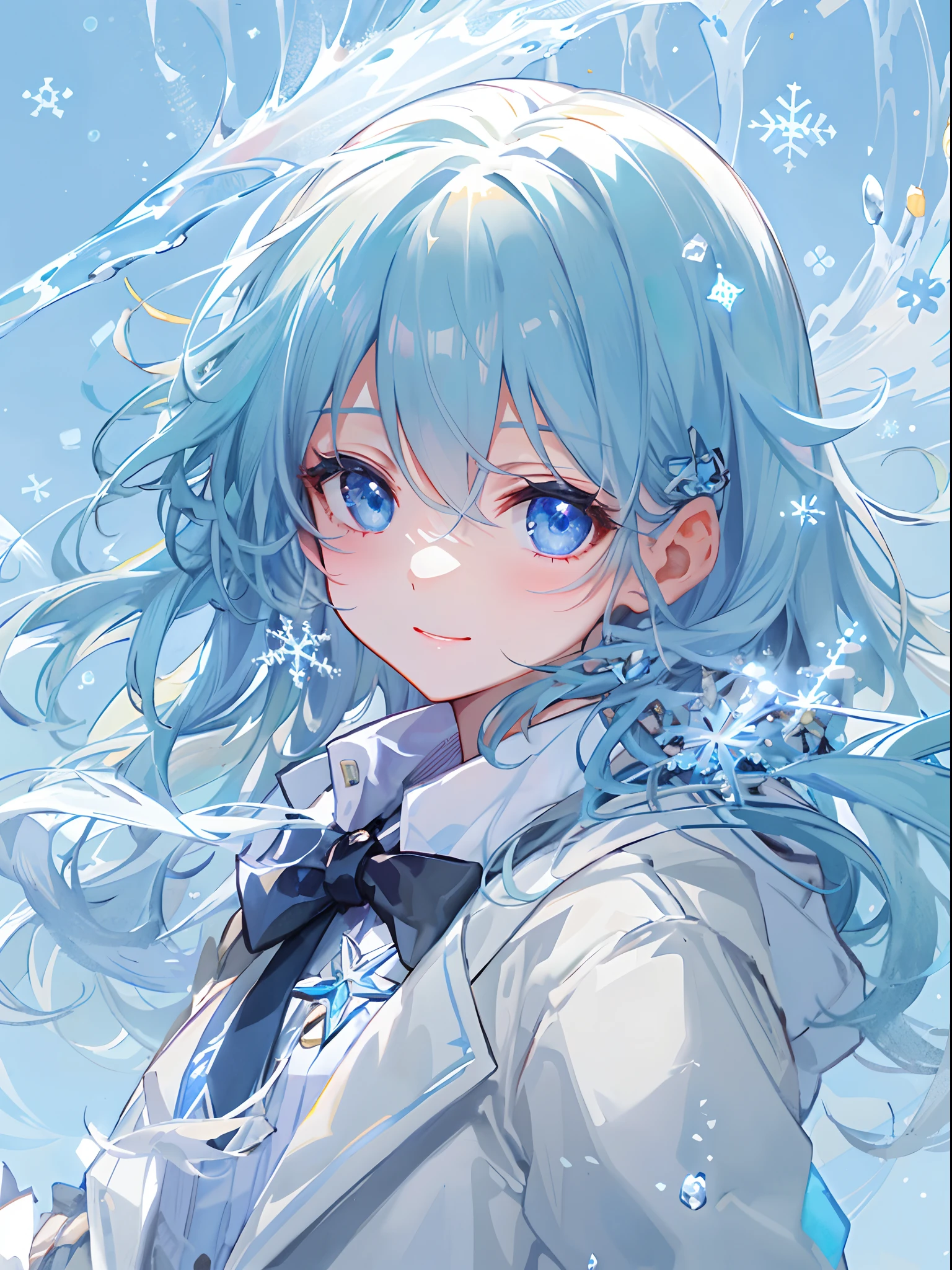 ((top-quality)), ((masterpiece)), ((ultra-detailliert)), (Extremely delicate and beautiful), girl with, 独奏, cold attitude,((Black jacket)),She is very(relax)with the(Settled down)Looks,A dark-haired, depth of fields,Evil smile,Bubble, under the water, Air bubble,bright light blue eyes,inner color with bright gray hair and light blue tips,,,,,,,,Cold background,Bob Hair - Linear Art, shortpants、knee high socks、White uniform like school uniform、Light blue ribbon ties、Clothes are sheer、Hands in pockets、Bright eyes like sapphire,Fronllesse Blue, A small blue light was floating、Upper Eyes、glass shards、Snowflake eyes、fantastic eyes, Snowflake Necklace