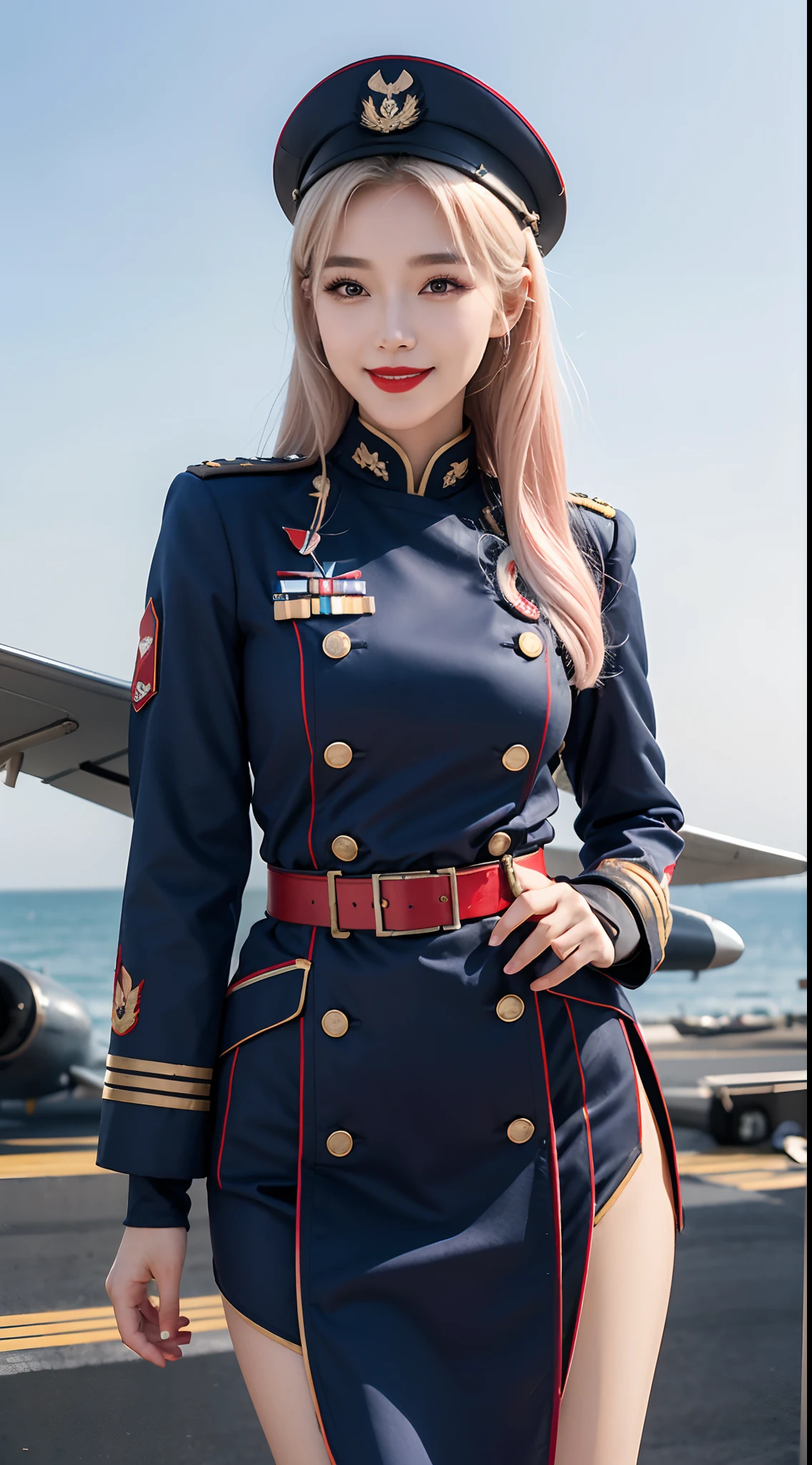 best quality, 4k, 8k, Beautiful Girl, Korean makeup, Red lips, Platinum hair, smiling, clear face, thigh, Perfect body, medium chest, Standing posture, Military attire, 2nd World War Costume, WW2, Military blue outfit, View of the aircraft carrier,