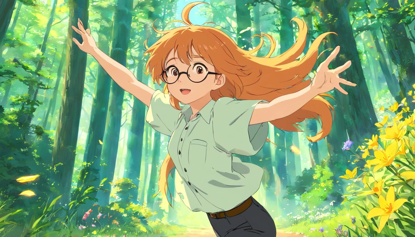 (best quality,highres,masterpiece:1.2),ultra-detailed,photorealistic:1.37,film still,((1 boy)),soaring in the sky,up-close,glowing,happy,locks of golden hair,short hair,aviator glasses,rectangular glasses,yellow iris flowers,orange iris flowers,(light green shirt),black pants,stylish,soft and warm lighting,amidst a forest,glimmering:0.7,sandy orange hair,dancing pose, full-length portrait