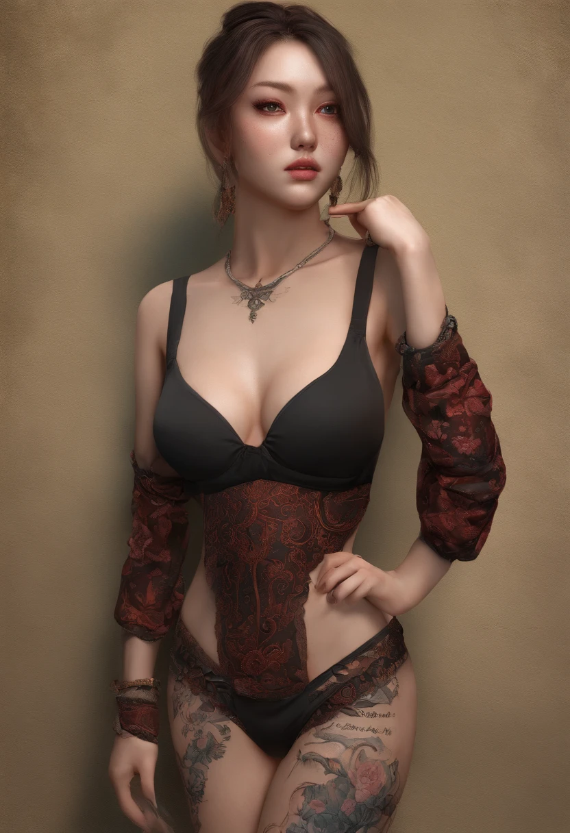 Girl in Chinese underwear,face perfect,(Red-brown hair 1.8)、Wearing black stockings,Wear stiletto heels,With tattoos,Perfect curvaceous body,full body Esbian,Have on the street,nffsw,incredible detailed