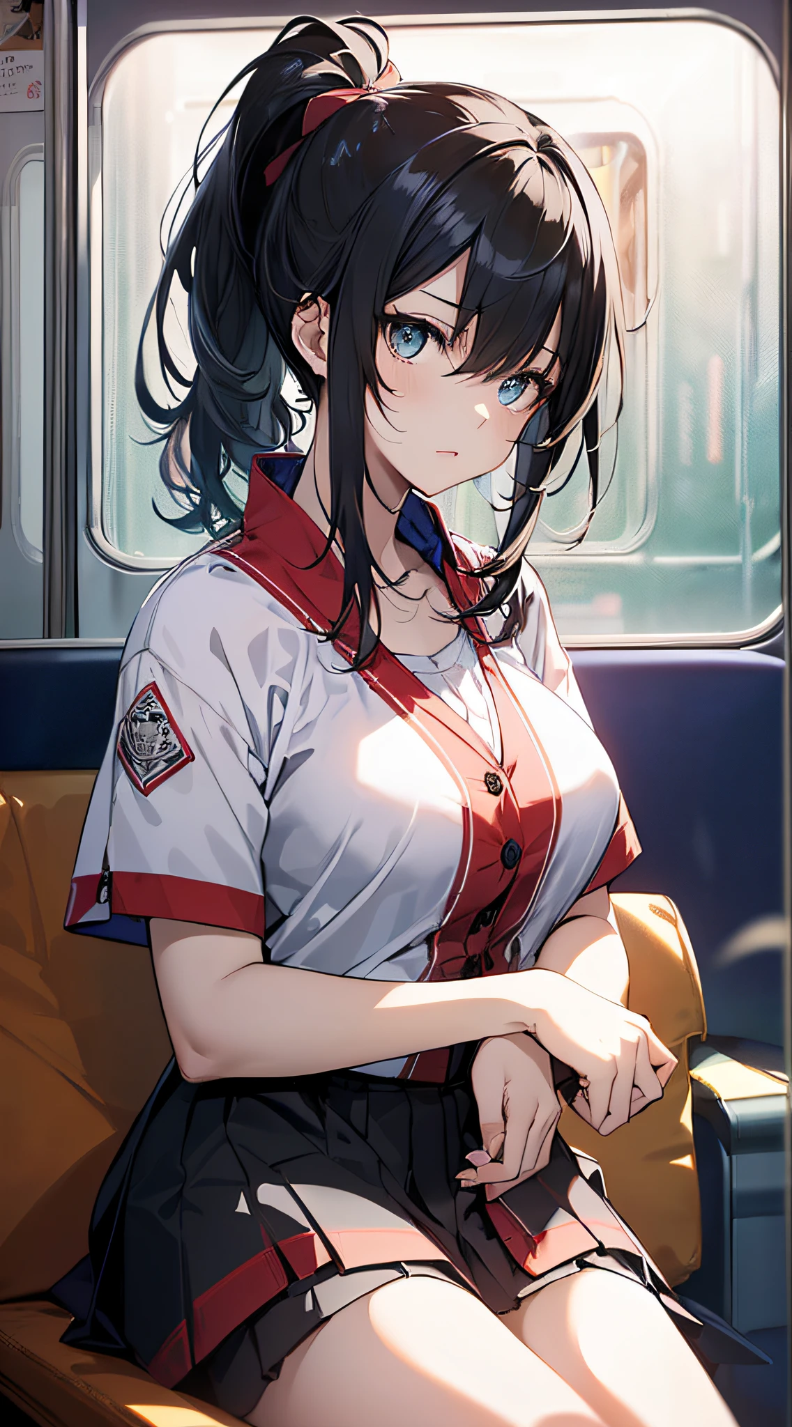 top-quality、Top image quality、​masterpiece、girl with((18year old、Best Bust、Medium bust、Bust 85,Beautiful blue eyes、Breasts wide open,Black Short Sleeve T-Shirt、Red cardigan with short sleeves、Black short skirt、Ponytail with black hair、sitting in the seat、Read model magazines、serious facial expression）hiquality、Beautiful Art、Background with((On the train)),masutepiece、Elaborate design、visualart、depth of fields、The best lighting、highestdetailed、