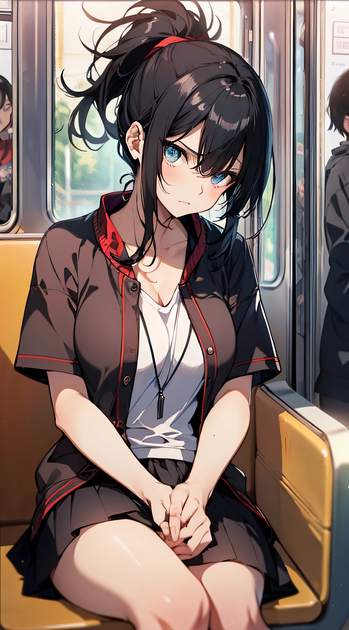 top-quality、Top image quality、masterpiece、girl with((18year old、Best Bust、Medium bust、Bust 85,Beautiful blue eyes、Breasts wide open,Black Short Sleeve T-Shirt、Red cardigan with short sleeves、Black short skirt、Ponytail with black hair、sitting in the seat、Read model magazines、serious facial expression)hiquality、Beautiful Art、Background with((On the train)),masutepiece、Elaborate design、visualart、depth of fields、The best lighting、highestdetailed、
