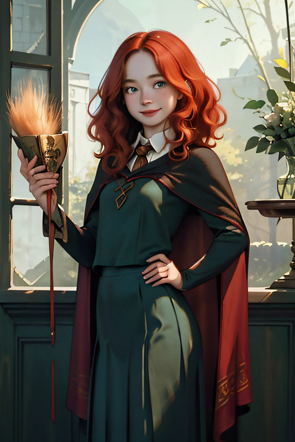 (best quality, masterpiece1.2), (detailed eye:1.2), intricate detail, ung woman, harry_potter, hogwarts school uniform, looking at viewer, smile, short bob haircut, ginger red hair, curly hair, wavy hair, freckles, pale skin, long skirt, green eyes, pleated long skirt, cape
