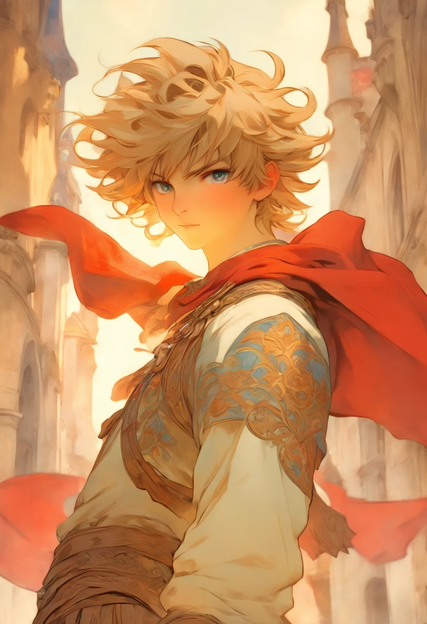 Mucha, Front, Portrait, Blonde boy with medium long hair, Outdoors, Backlight, Soft light, medieval, France, holding a red banner, Looking up, Red, Blue, White, trousers，3D