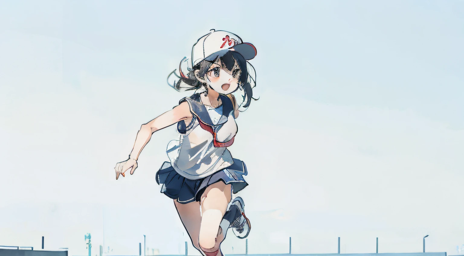 Girl running from the front, Shouting wearing school gym clothes and white baseball cap, Sleeveless、simple background
