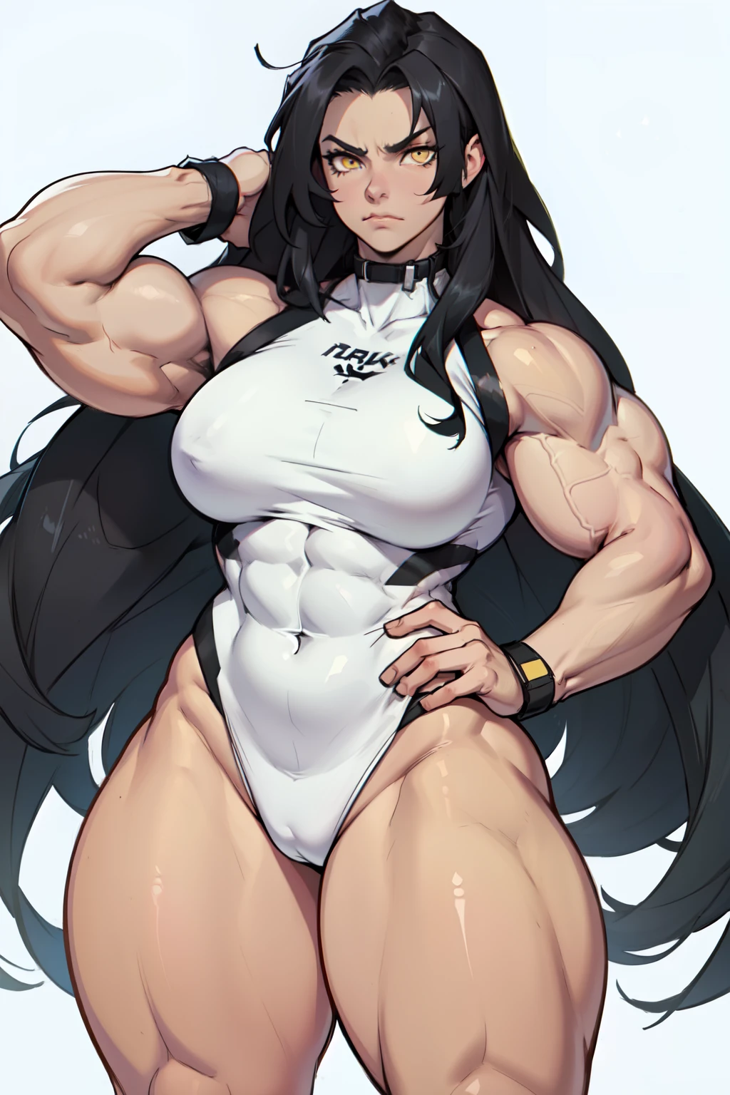 ((((1girl muscular thick thighs)))) pale skin angry black hair very long hair yellow eyes