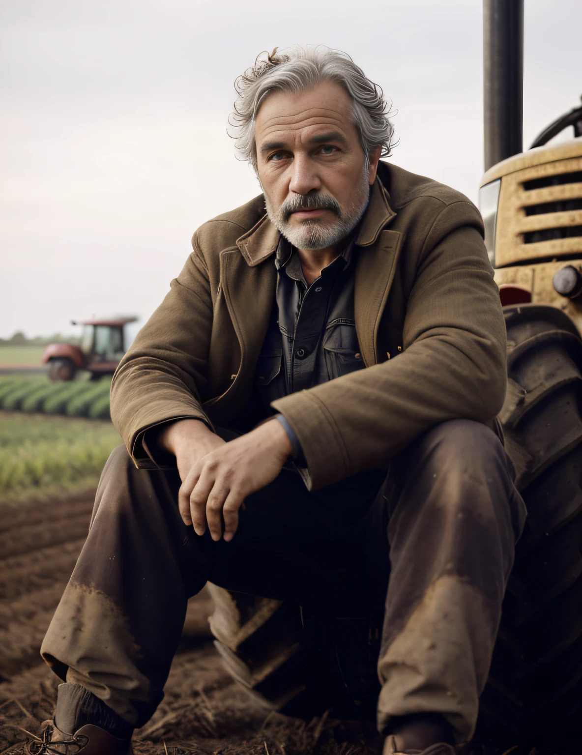 Man sitting on the ground in front of a tractor, agricultor, de uma cena de filme, robusto e sujo, Guilherme Blake, agricultura, photo from the 1850s of a farmer, homem maltrapilho, grisalho, Wyeth, A24, Directed by: Edwin Georgi, em uma fazenda, ffffound, still image from tv series