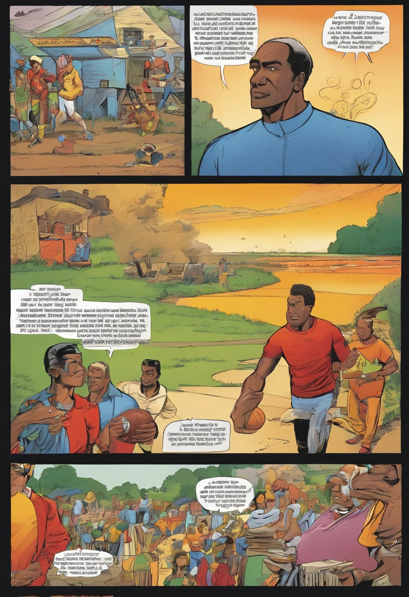 American comics, The history of the comic is presented in several irregular panels with color. Un jeune homme noir, educateur sportif, helps the elderly to play sports but faces financial difficulties and jealousy. The style is exaggerated and detailed