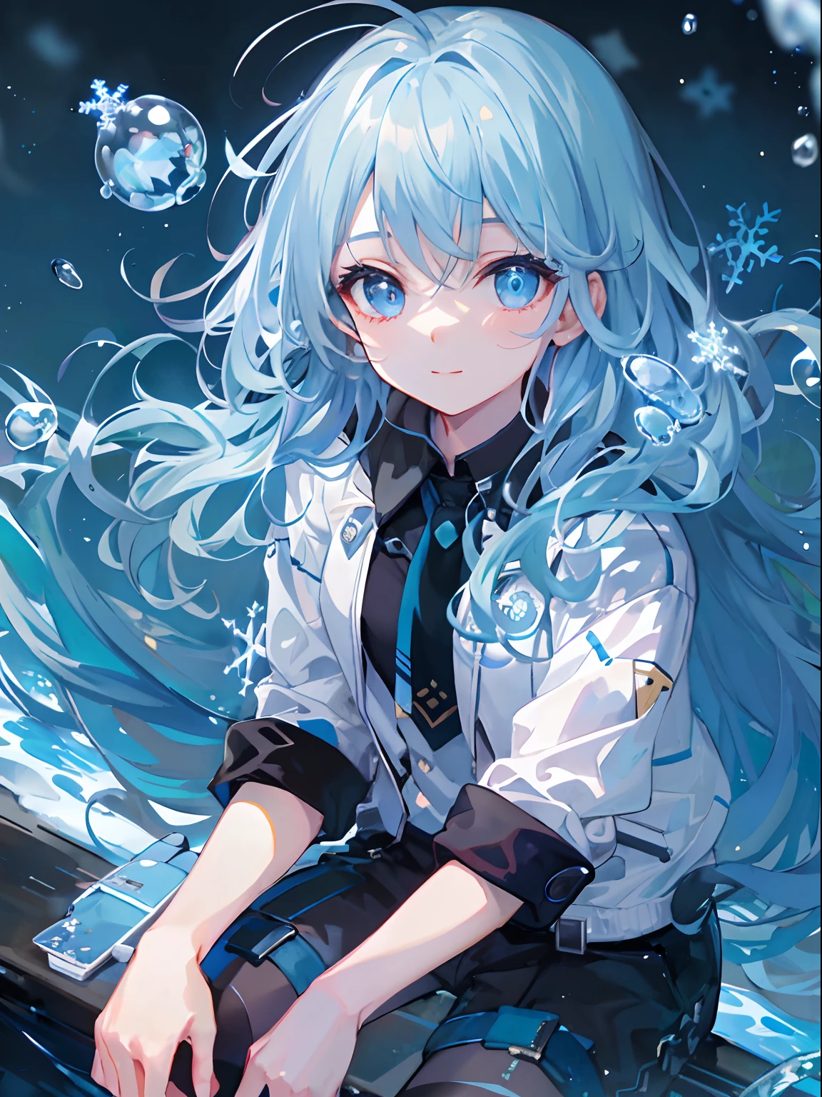 ((top-quality)), ((masterpiece)), ((ultra-detailliert)), (Extremely delicate and beautiful), girl with, 独奏, cold attitude,((Black jacket)),She is very(relax)with the(Settled down)Looks,A dark-haired, depth of fields,Evil smile,Bubble, under the water, Air bubble,bright light blue eyes,inner color with bright gray hair and light blue tips,,,,,,Cold background,Bob Hair - Linear Art, shortpants、knee high socks、White uniform like school uniform、Light blue ribbon ties、Clothes are sheer、Hands in pockets、Bright eyes like sapphire,Fronllesse Blue, A small blue light was floating、Upper Eyes、glass shards、Snowflake patterned eyes、Fantastic eyes
