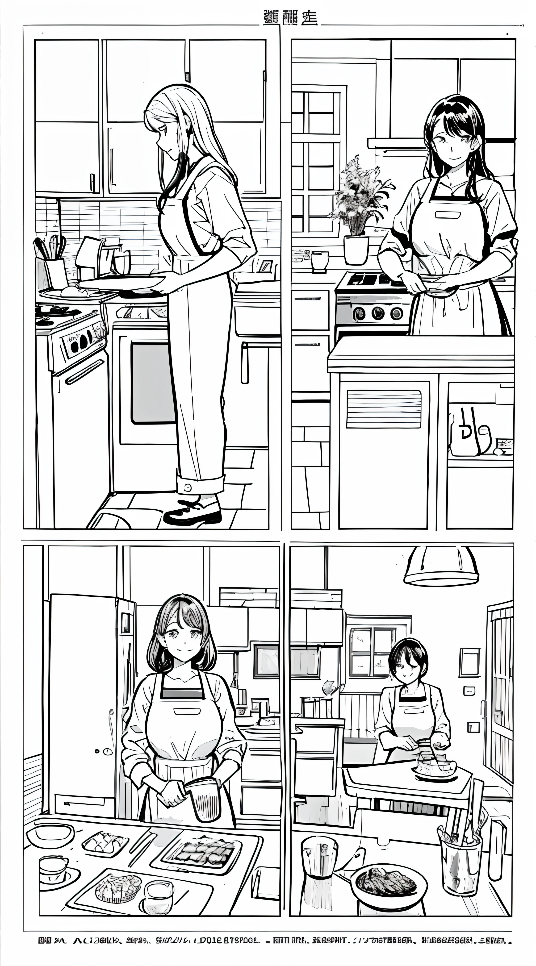Four-panel comics,Pictures are comics with stories。The first image is a sketch of a woman preparing food in the kitchen,The second image shows a woman chopping vegetables in the kitchen,The third scene is a scene of a woman cooking in the kitchen,The fourth scene is the scene where the meal is finished。 full page illustration, Cooking, book illustrations, page scan from book, full page illustration, line art illustration, Picture order, Detailed illustrations, illustration line art style, baking artwork, inspired by Cui Zizhong