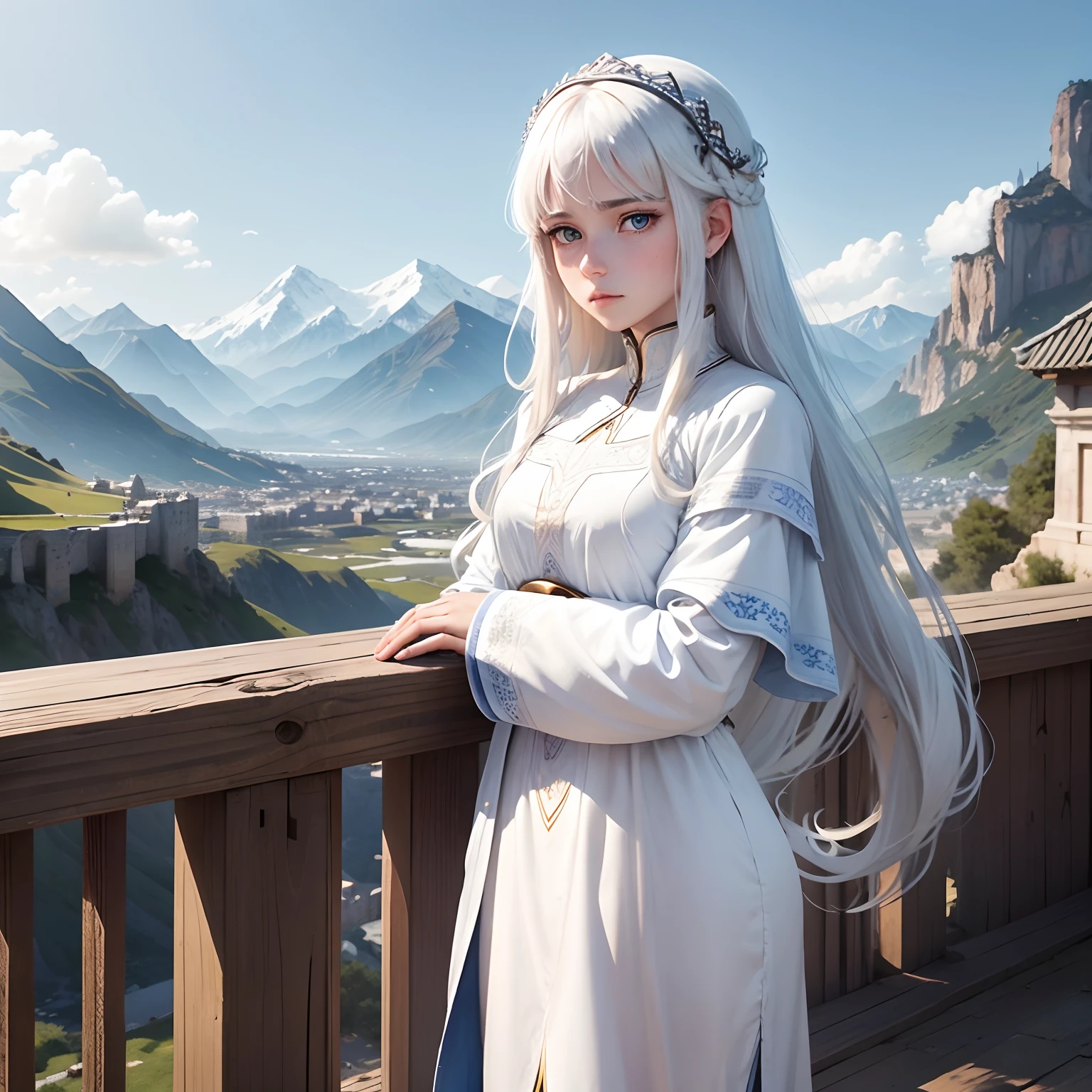 In the background are mountains, a beautiful girl name is Lisa, 18 year old with blue eyes, long white hair, wearing a white tunic is sad, As emperor, Amazing