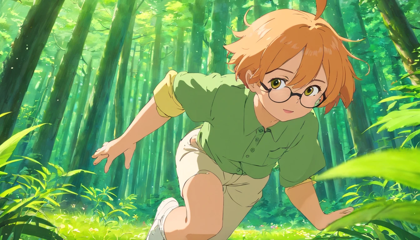 (Best quality,A high resolution,Masterpiece:1.2),Ultra-detailed,Photorealistic:1.37,cinematic Film still from,((1 boy)),soaring through the sky,up-close,Glowing,cheerfulness,A strand of blonde hair,Short hair,Aviator glasses,Rectangular glasses,Yellow iris,Orange iris,(Light green shirt),Black pants,Stylish,soft and warm lighting,In the forest,glimmering:0.7,Sand orange hair,dancing pose, full-body portraits
