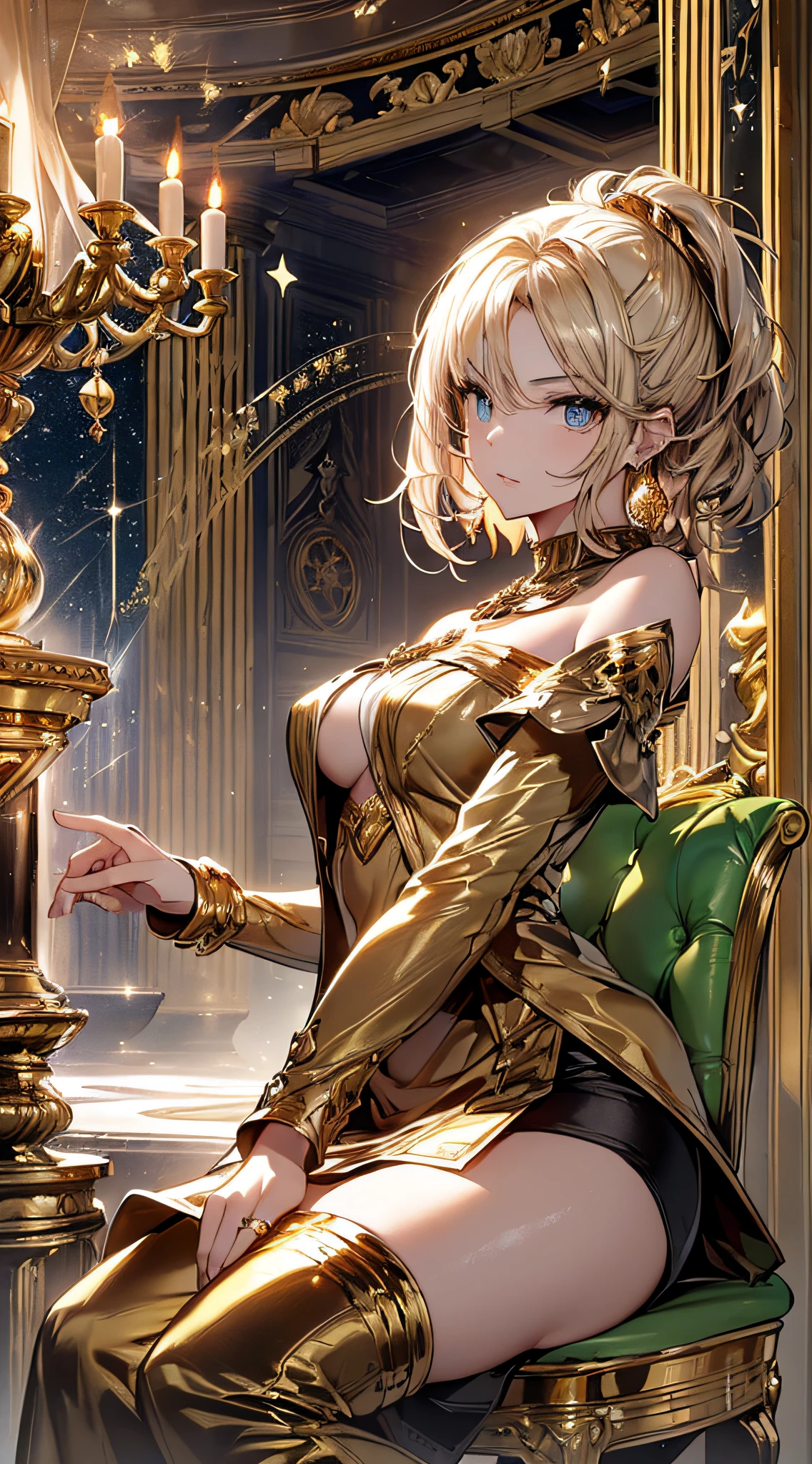 top-quality、Top image quality、masterpiece、girl with((18year old、Gold underwear,Best Bust、Medium bust、Bust 85,Beautiful blue eyes、Breasts wide open,Sexy Gold Dress、Gold Miniskirt、Gold Earrings、Gold necklace、Gold Ring、Shining golden ponytail、Skirt flutters、Use magic))hiquality、Beautiful Art、Background with(Shining meteors,kosmos、Gold Room、Gold Table、Gold Chair、Monitors、Gold Room、Gold Bookshelf、Golden Falls、Magic circle around)),masutepiece、Elaborate design、visualart、depth of fields、The best lighting、highestdetailed、Front Angle