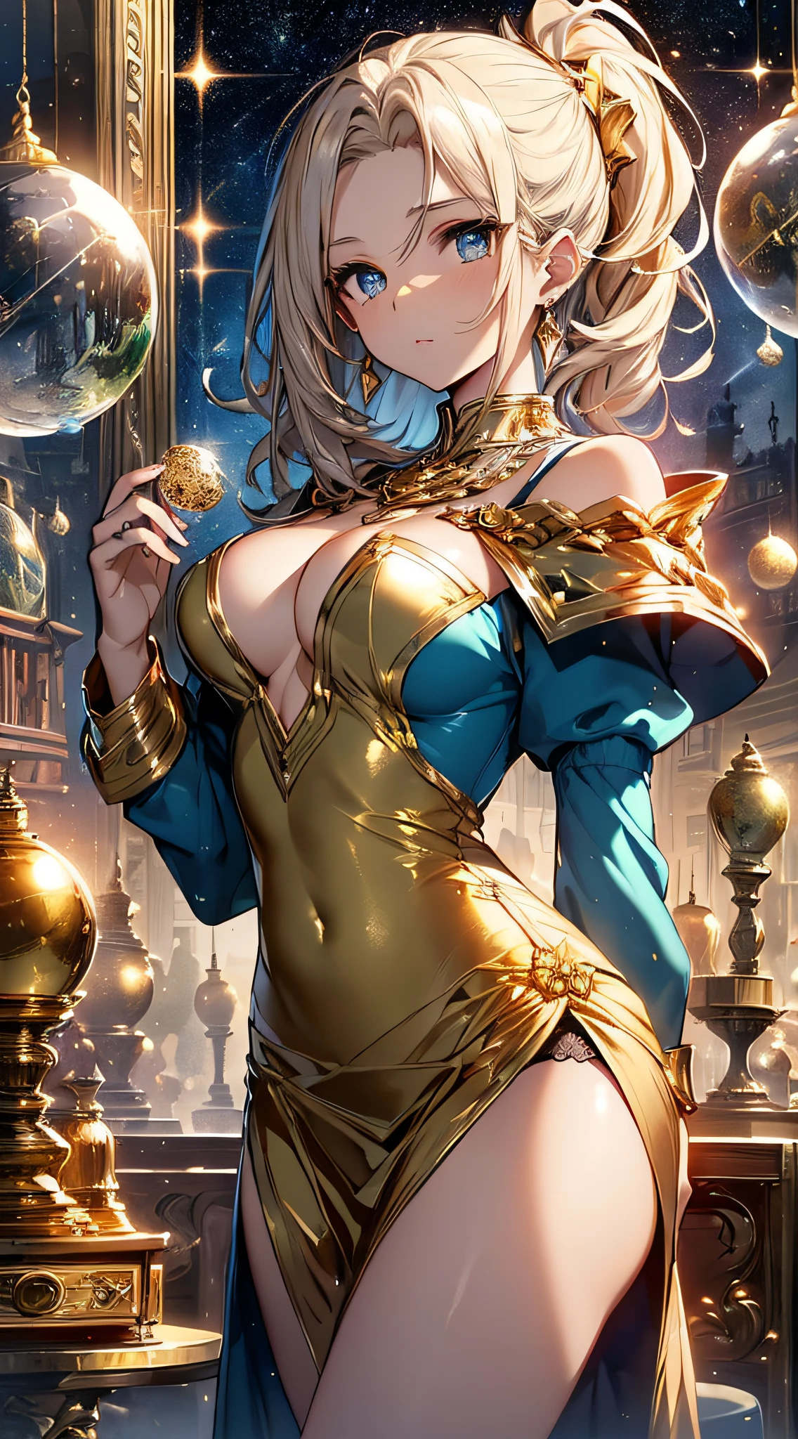 top-quality、Top image quality、masterpiece、girl with((18year old、Gold underwear,Best Bust、Medium bust、Bust 85,Beautiful blue eyes、Breasts wide open,Sexy Gold Dress、Gold Miniskirt、Gold Earrings、Gold necklace、Gold Ring、Shining golden ponytail、Skirt flutters、Use magic))hiquality、Beautiful Art、Background with(Shining meteors,kosmos、Gold Room、Gold Table、Gold Chair、Monitors、Gold Room、Gold Bookshelf、Golden Falls、Magic circle around)),masutepiece、Elaborate design、visualart、depth of fields、The best lighting、highestdetailed、Front Angle