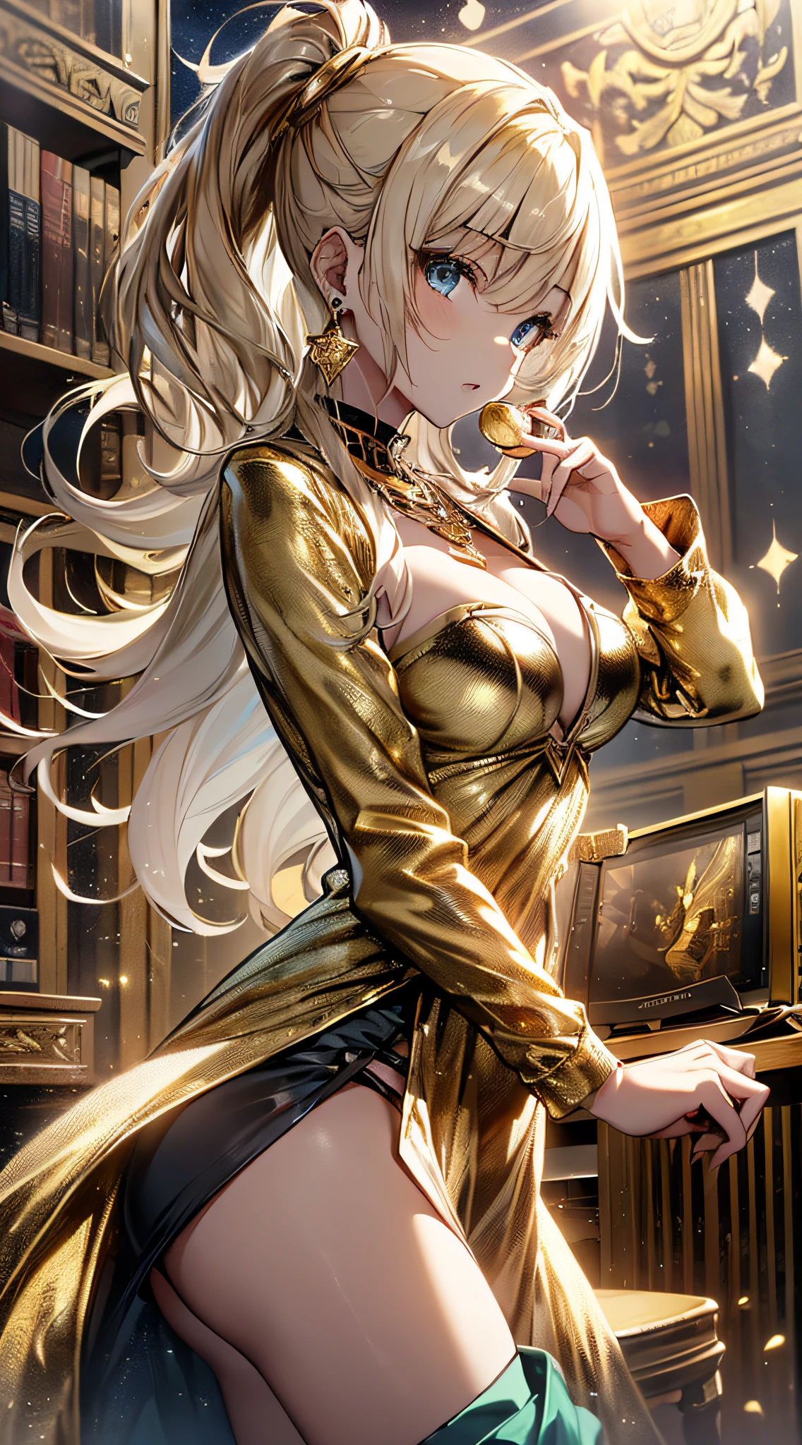 top-quality、Top image quality、masterpiece、girl with((18year old、Gold underwear,Best Bust、Medium bust、Bust 85,Beautiful blue eyes、Breasts wide open,Sexy Gold Dress、Gold Miniskirt、Gold Earrings、Gold necklace、Gold Ring、Shining golden ponytail、Skirt flutters、Use magic))hiquality、Beautiful Art、Background with(Shining meteors,kosmos、Gold Room、Gold Table、Gold Chair、Monitors、Gold Room、Gold Bookshelf、Golden Falls、Magic circle around)),masutepiece、Elaborate design、visualart、depth of fields、The best lighting、highestdetailed、Front Angle